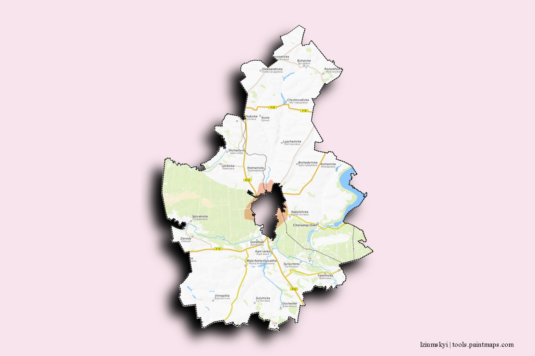 Mapa de barrios y pueblos de Iziumskyi con efecto de sombra 3D