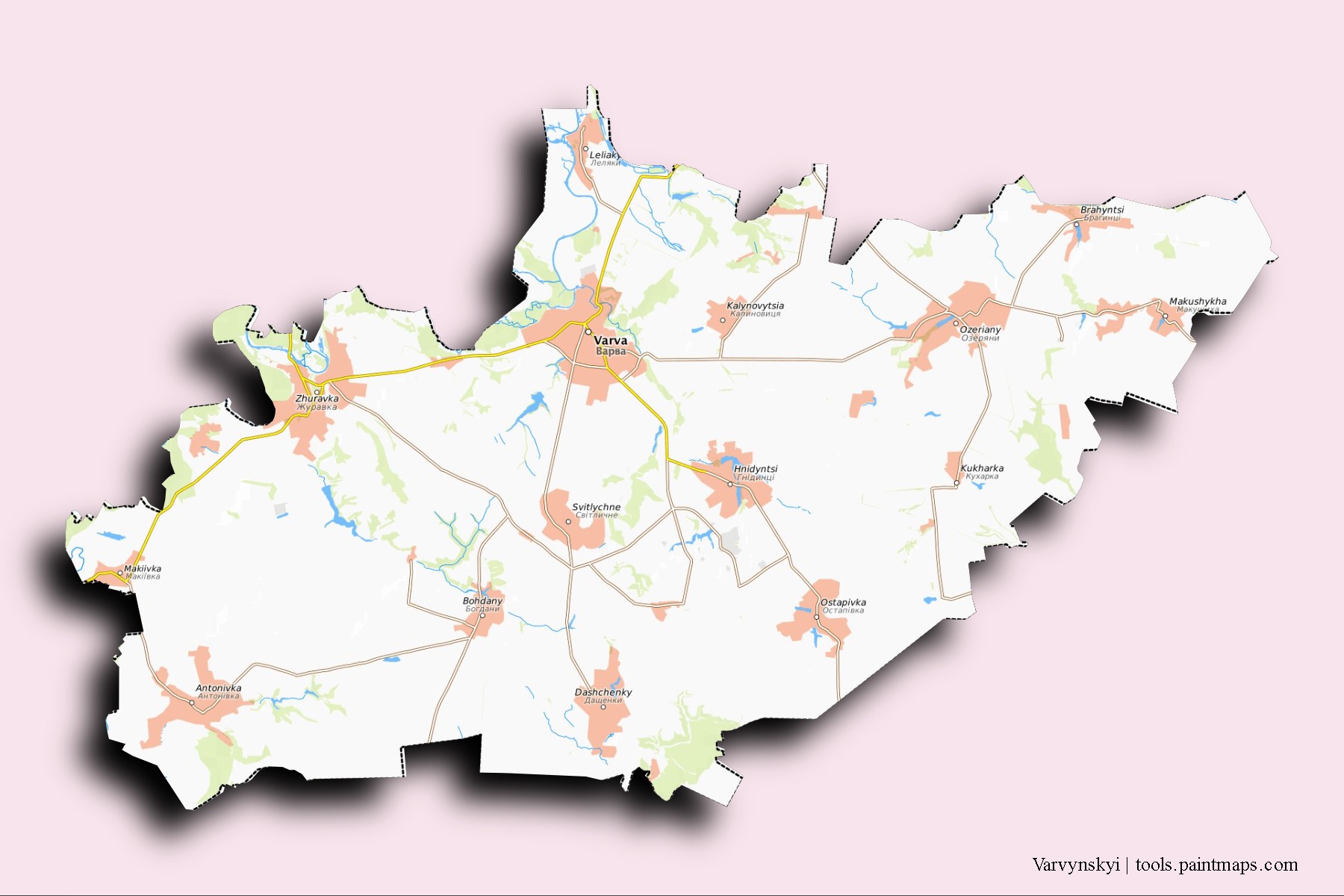 Mapa de barrios y pueblos de Varvynskyi con efecto de sombra 3D