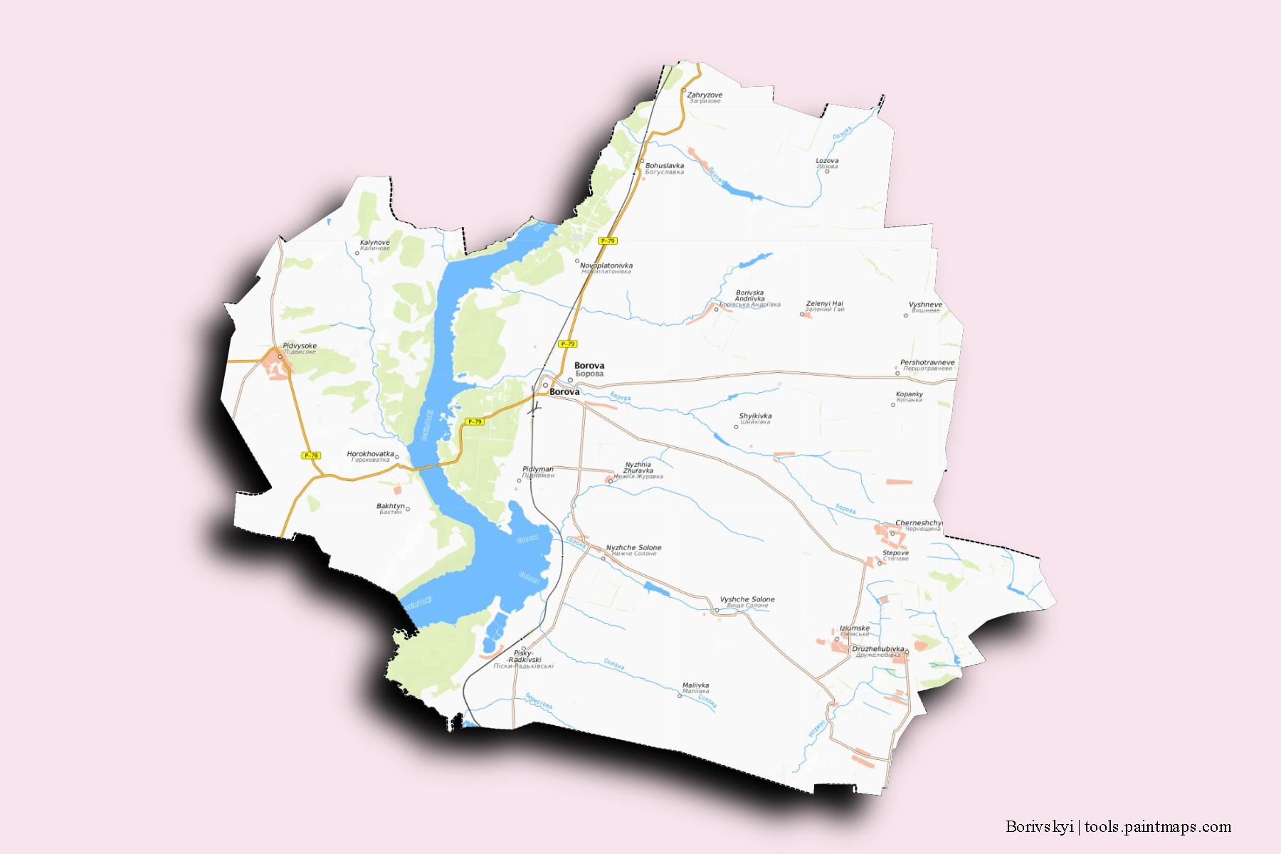 Mapa de barrios y pueblos de Borivskyi con efecto de sombra 3D