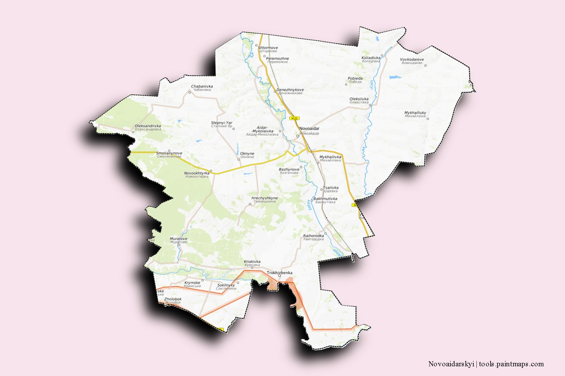 Mapa de barrios y pueblos de Novoaidarskyi con efecto de sombra 3D