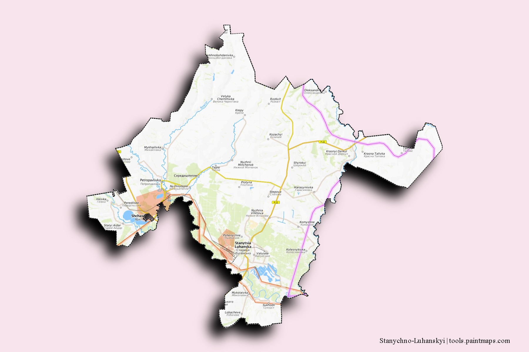 Mapa de barrios y pueblos de Stanychno-Luhanskyi con efecto de sombra 3D