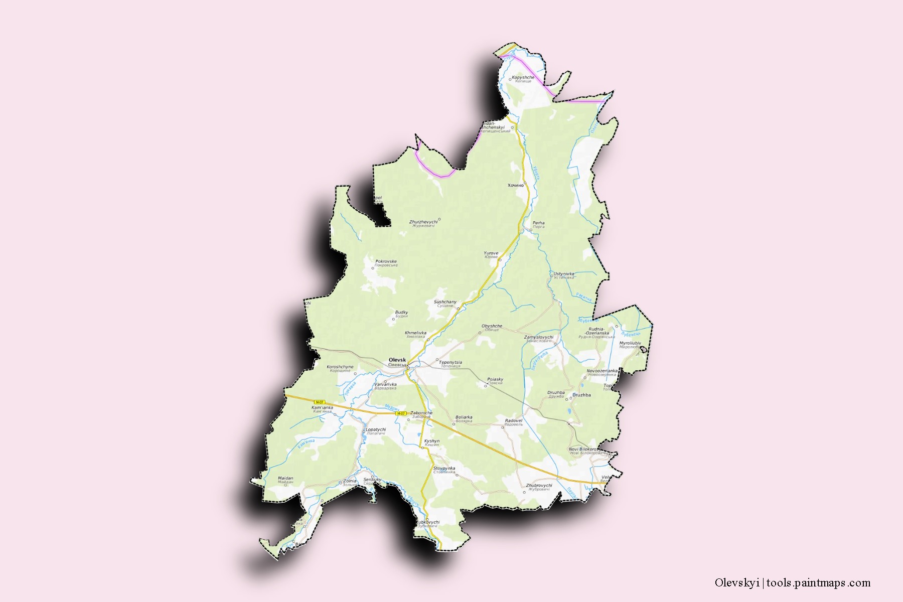 Olevs'kyi neighborhoods and villages map with 3D shadow effect