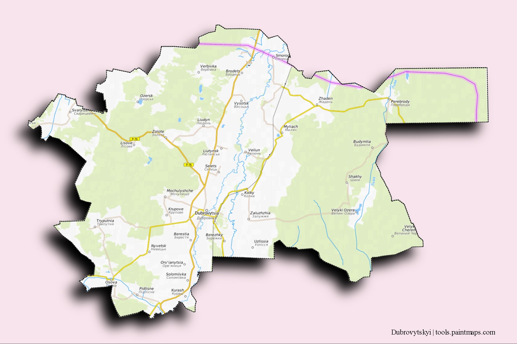 Mapa de barrios y pueblos de Dubrovytskyi con efecto de sombra 3D