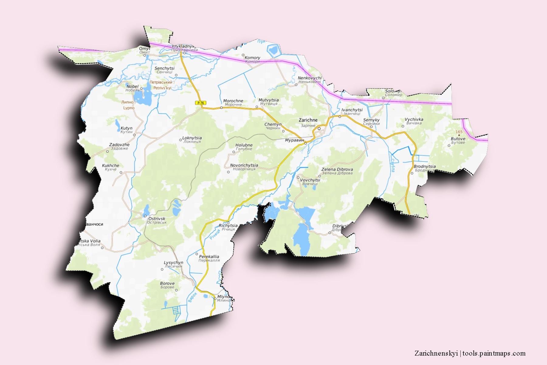 Mapa de barrios y pueblos de Zarichnenskyi con efecto de sombra 3D