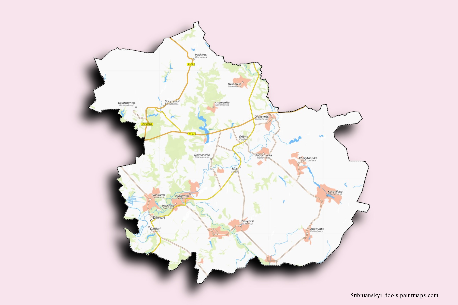 Mapa de barrios y pueblos de Sribnianskyi con efecto de sombra 3D