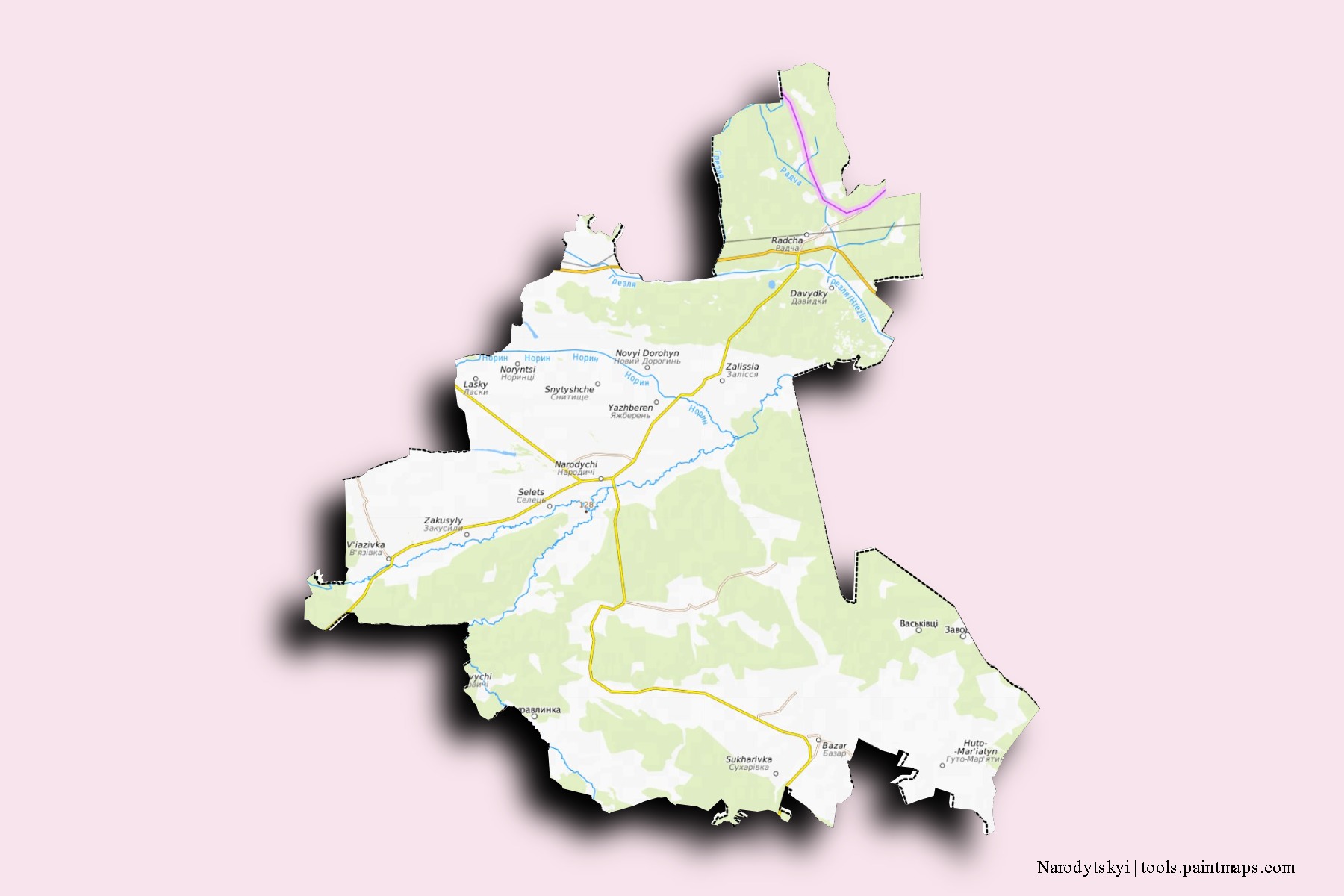 Mapa de barrios y pueblos de Narodytskyi con efecto de sombra 3D