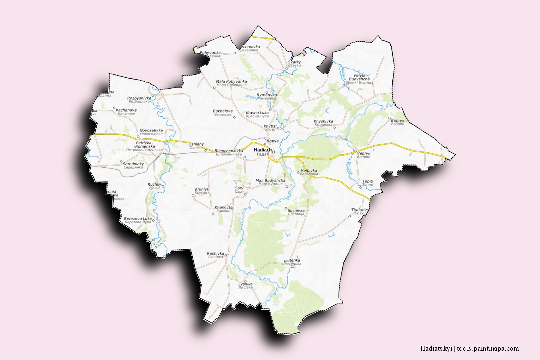 Mapa de barrios y pueblos de Hadiatskyi con efecto de sombra 3D