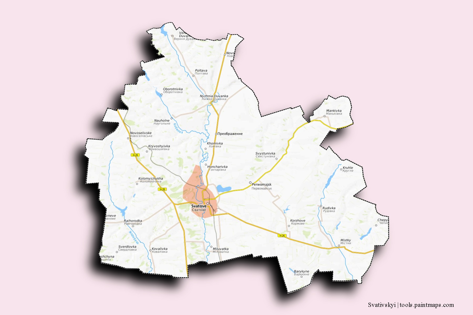 Mapa de barrios y pueblos de Svativskyi con efecto de sombra 3D