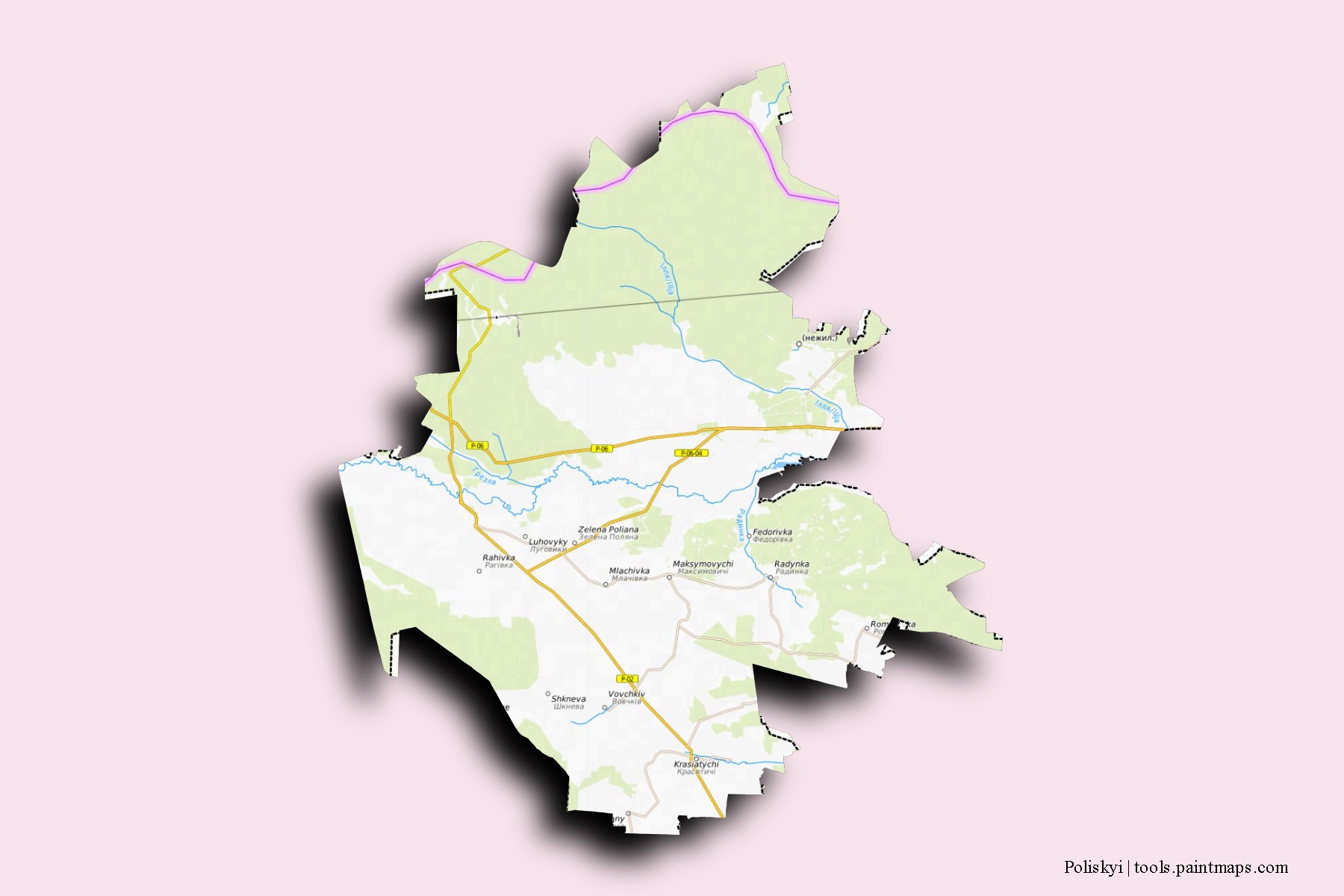 Mapa de barrios y pueblos de Poliskyi con efecto de sombra 3D