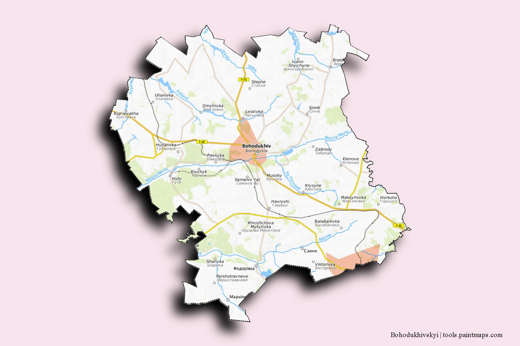 Mapa de barrios y pueblos de Bohodukhivskyi con efecto de sombra 3D