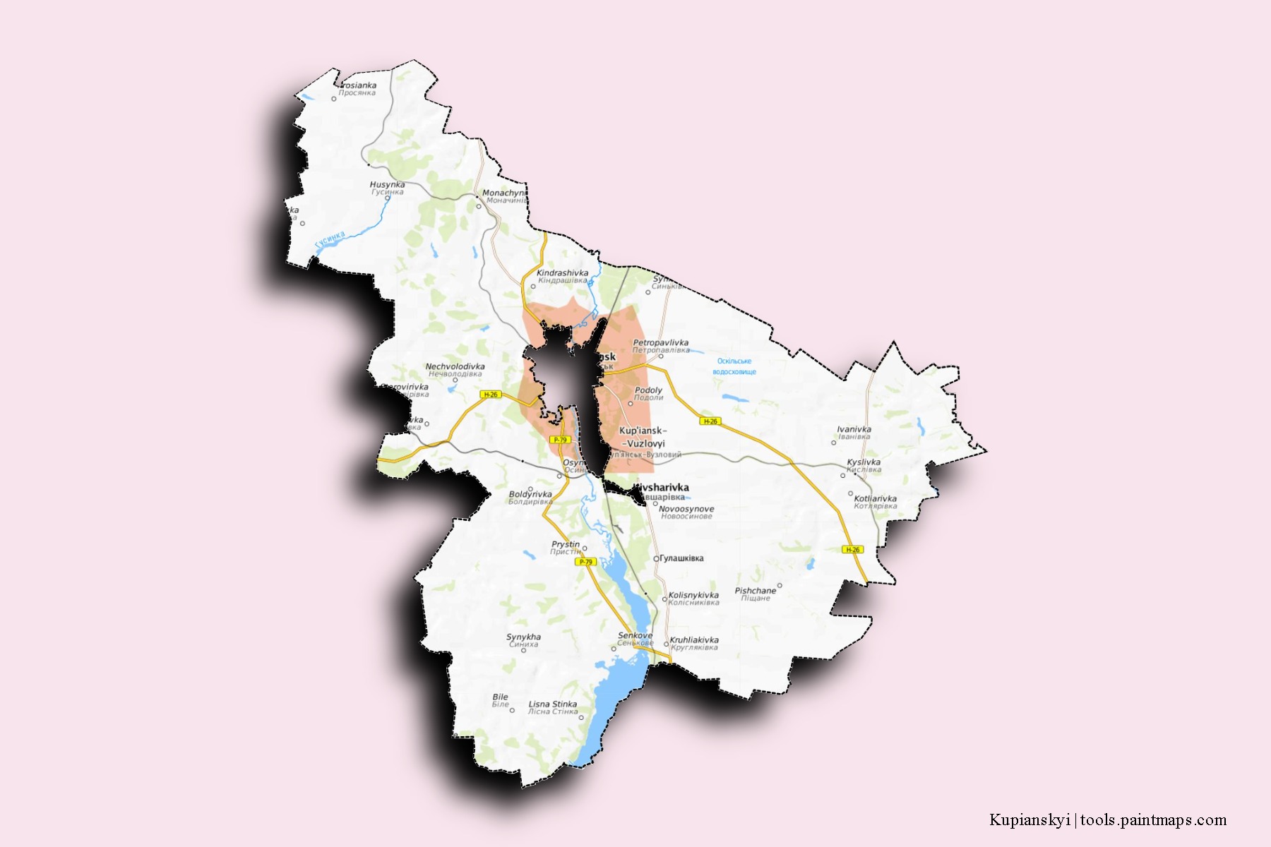 Kupyans'kyi neighborhoods and villages map with 3D shadow effect