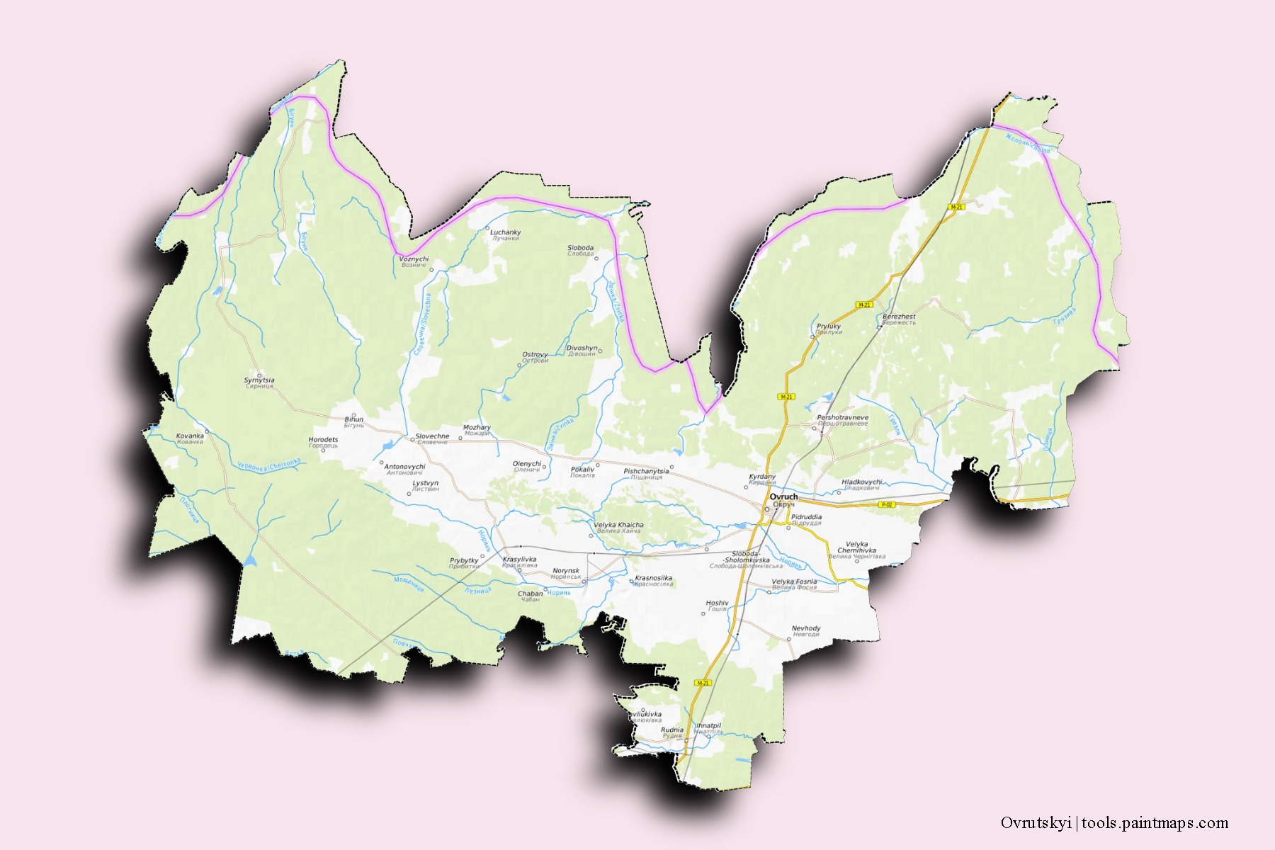 Mapa de barrios y pueblos de Ovrutskyi con efecto de sombra 3D