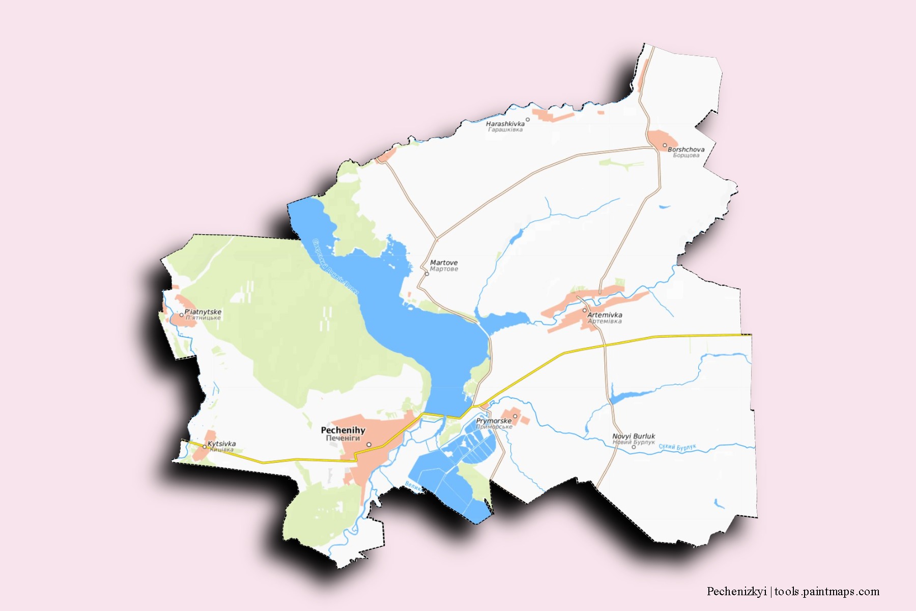 Mapa de barrios y pueblos de Pechenizkyi con efecto de sombra 3D