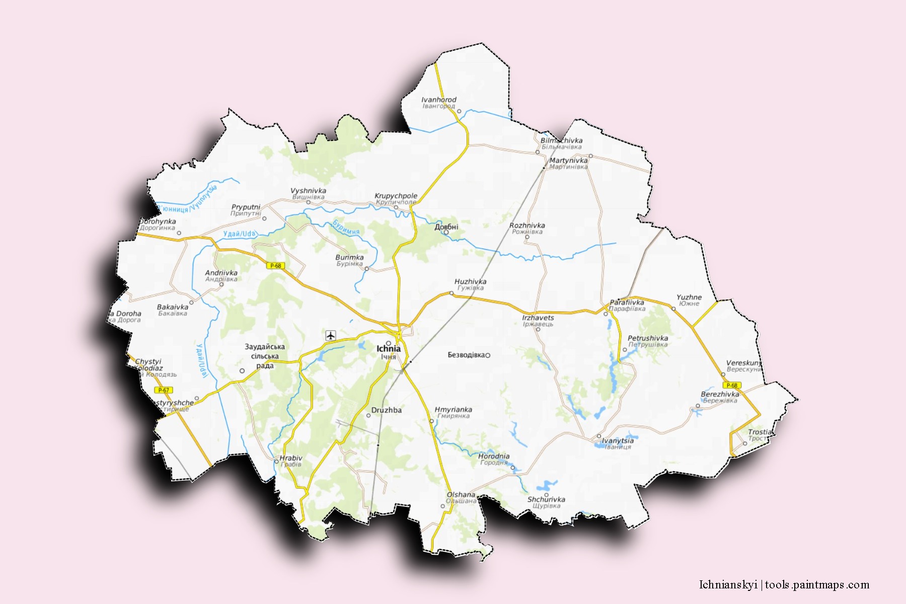 Mapa de barrios y pueblos de Ichnianskyi con efecto de sombra 3D