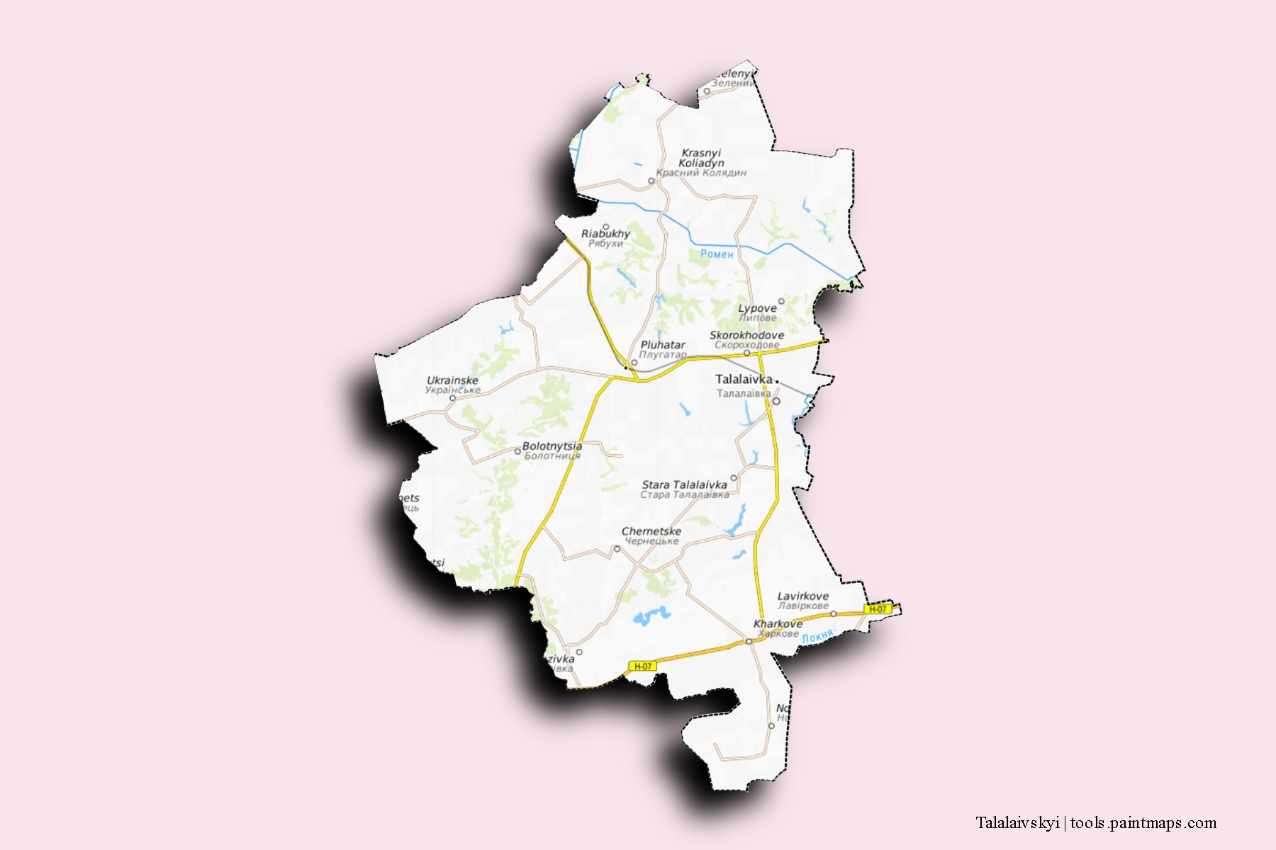 Mapa de barrios y pueblos de Talalaivskyi con efecto de sombra 3D