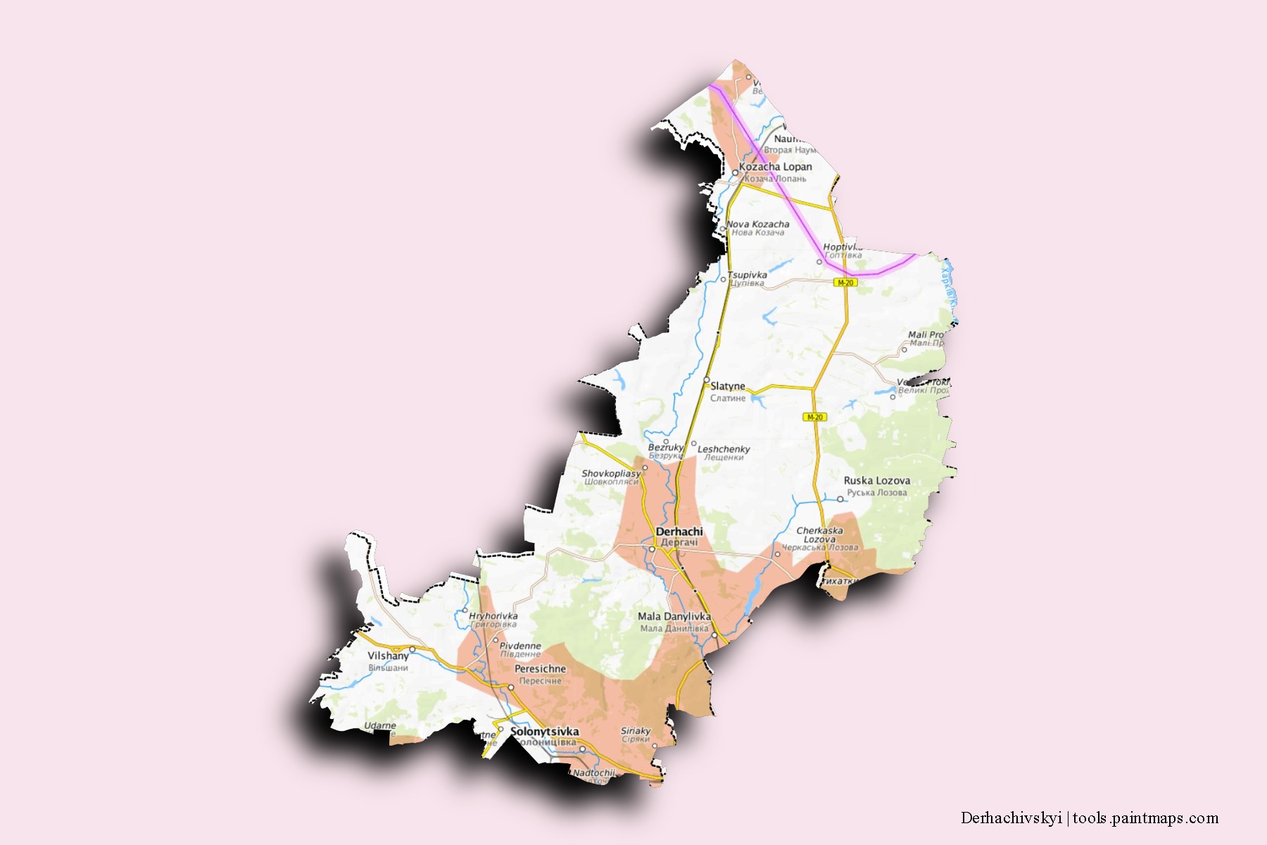 Mapa de barrios y pueblos de Derhachivskyi con efecto de sombra 3D