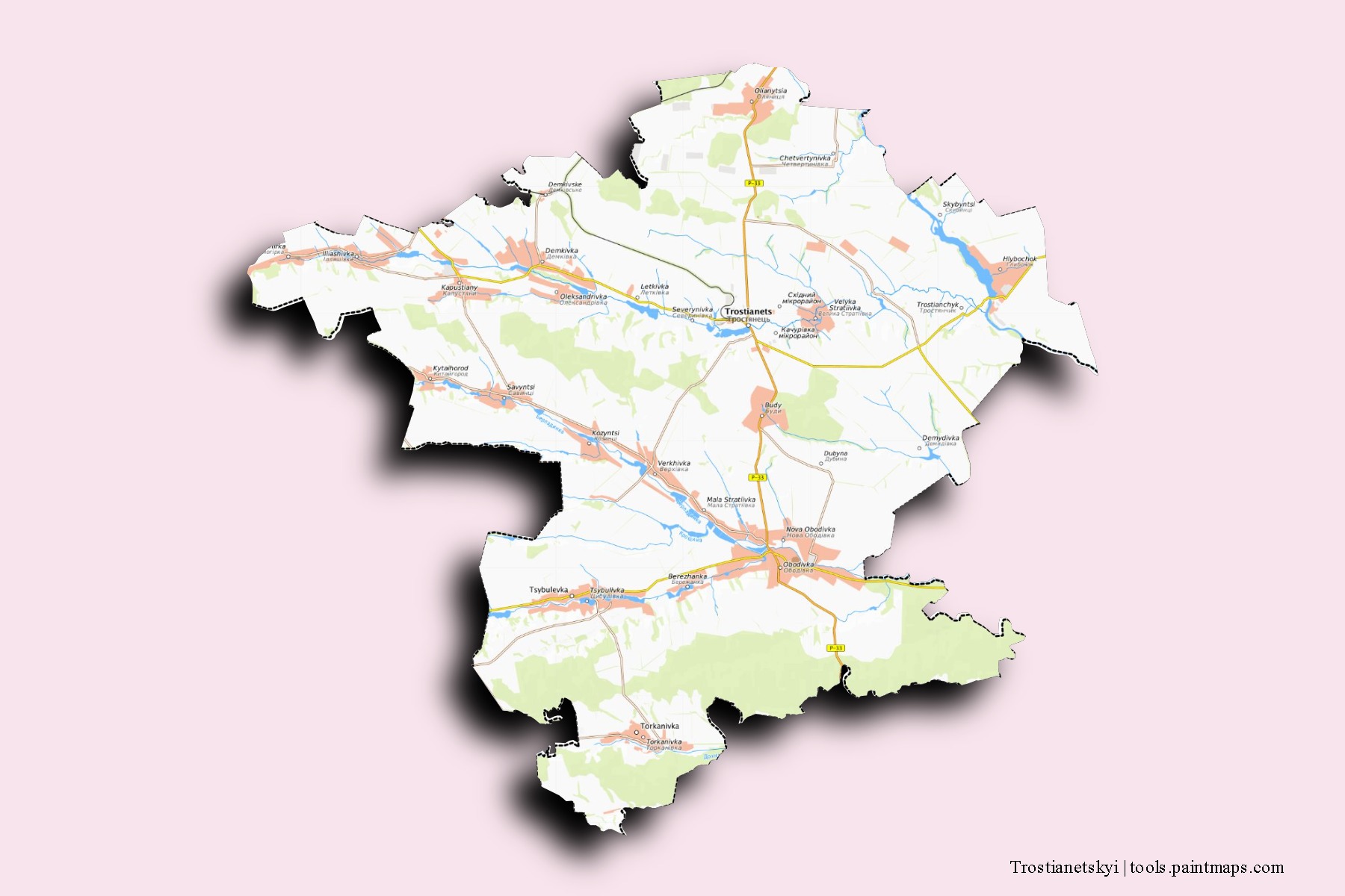 Mapa de barrios y pueblos de Trostianetskyi con efecto de sombra 3D