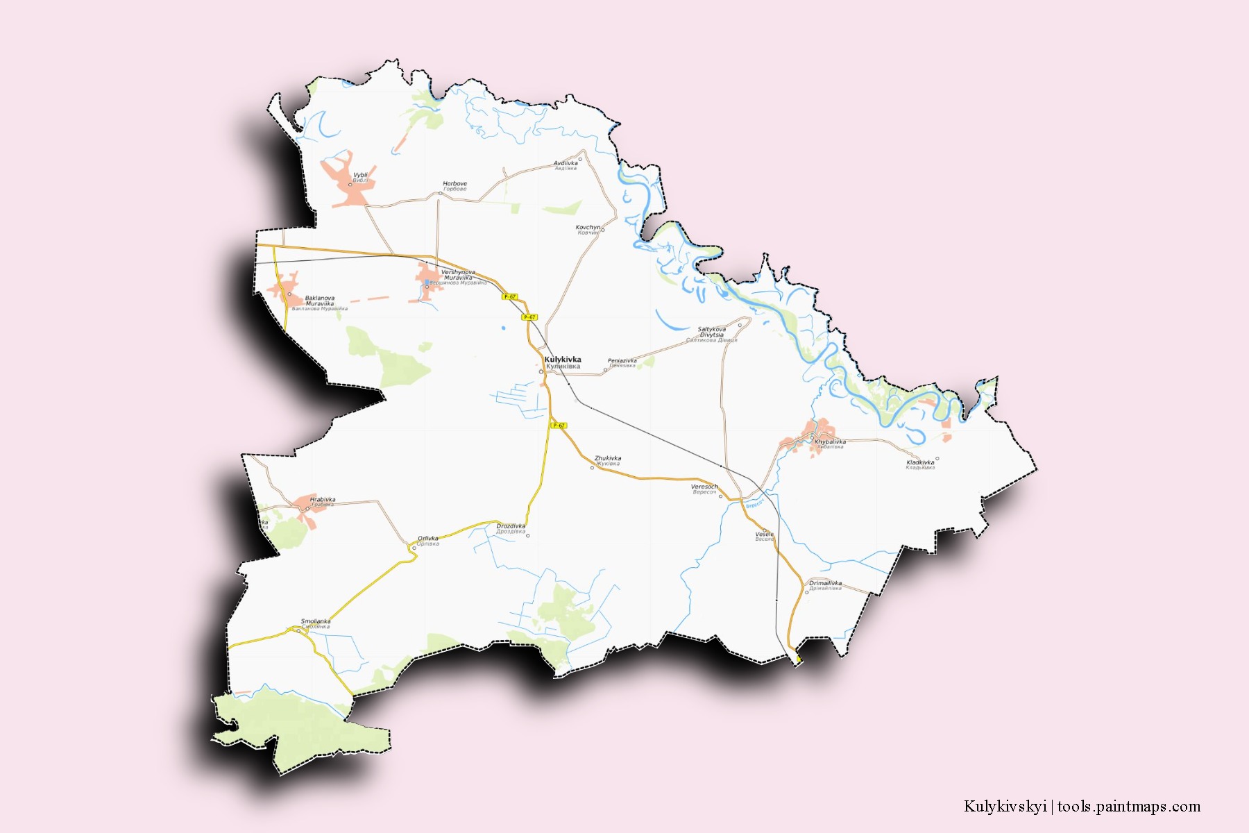 Mapa de barrios y pueblos de Kulykivskyi con efecto de sombra 3D