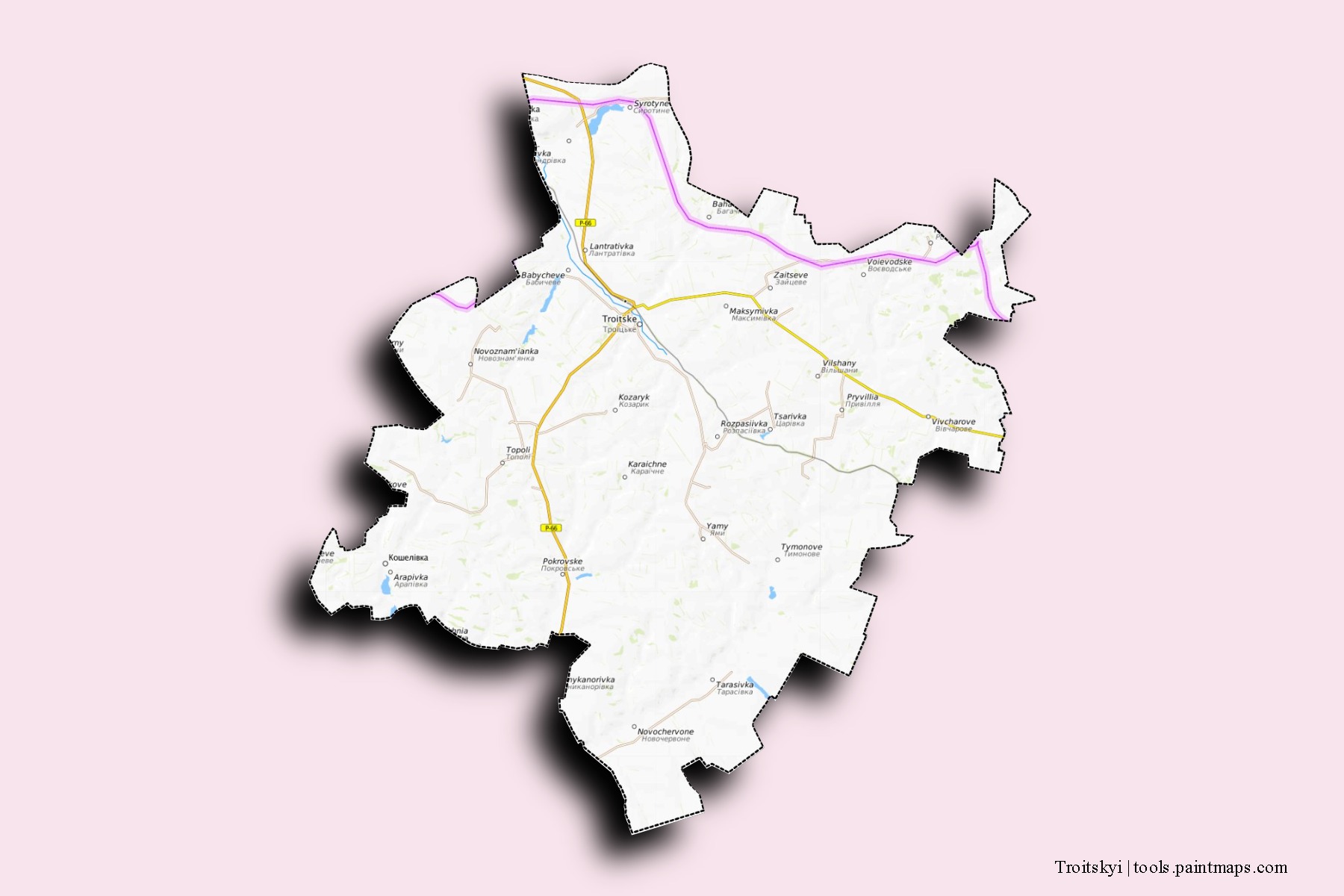 Mapa de barrios y pueblos de Troitskyi con efecto de sombra 3D