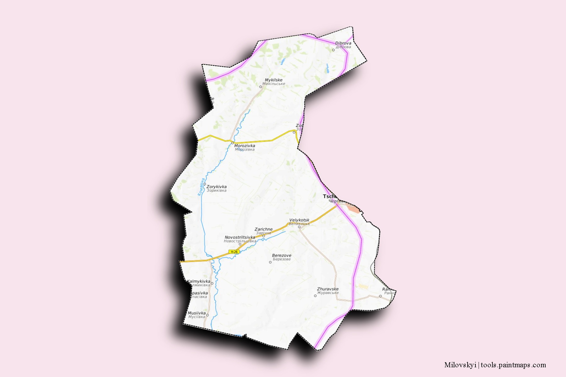 Mapa de barrios y pueblos de Milovskyi con efecto de sombra 3D