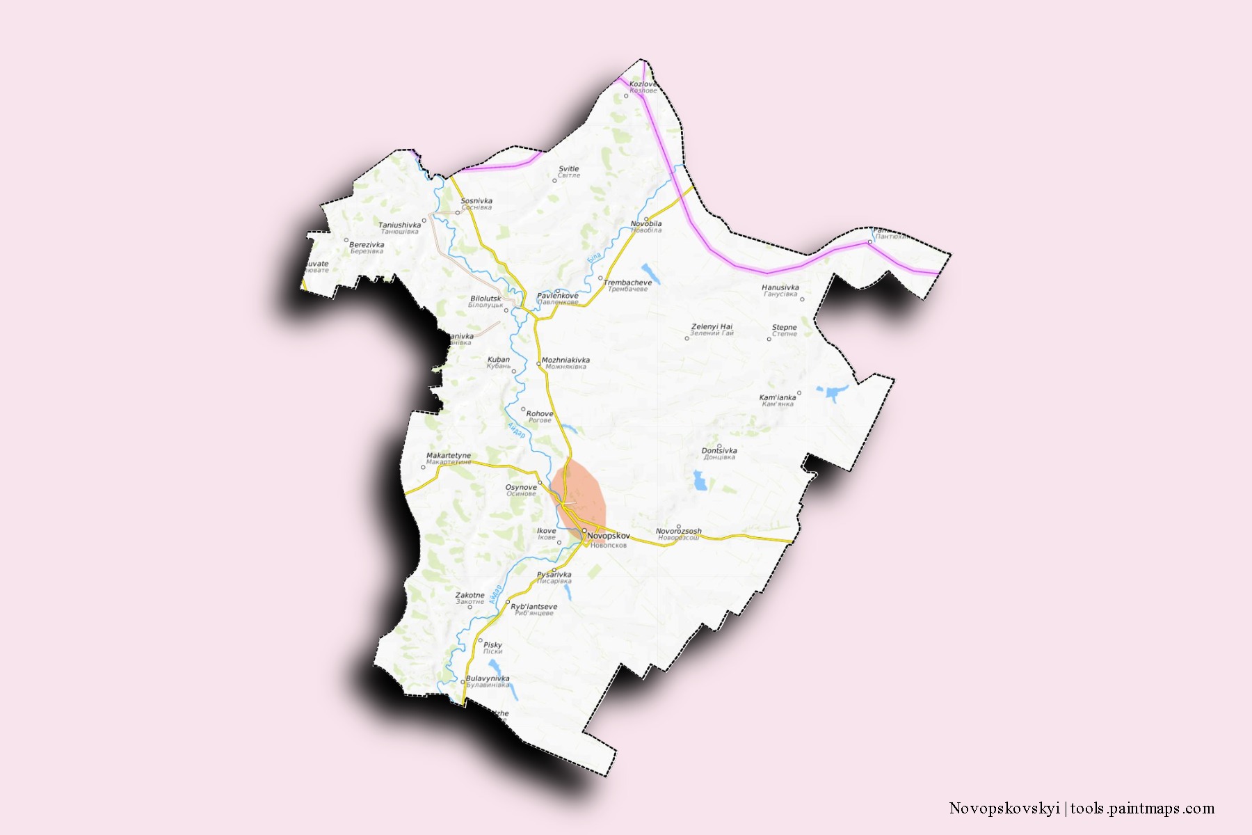 Mapa de barrios y pueblos de Novopskovskyi con efecto de sombra 3D