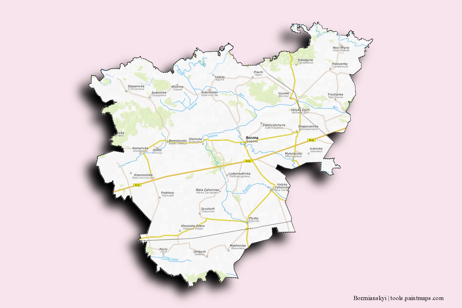 Mapa de barrios y pueblos de Borznianskyi con efecto de sombra 3D