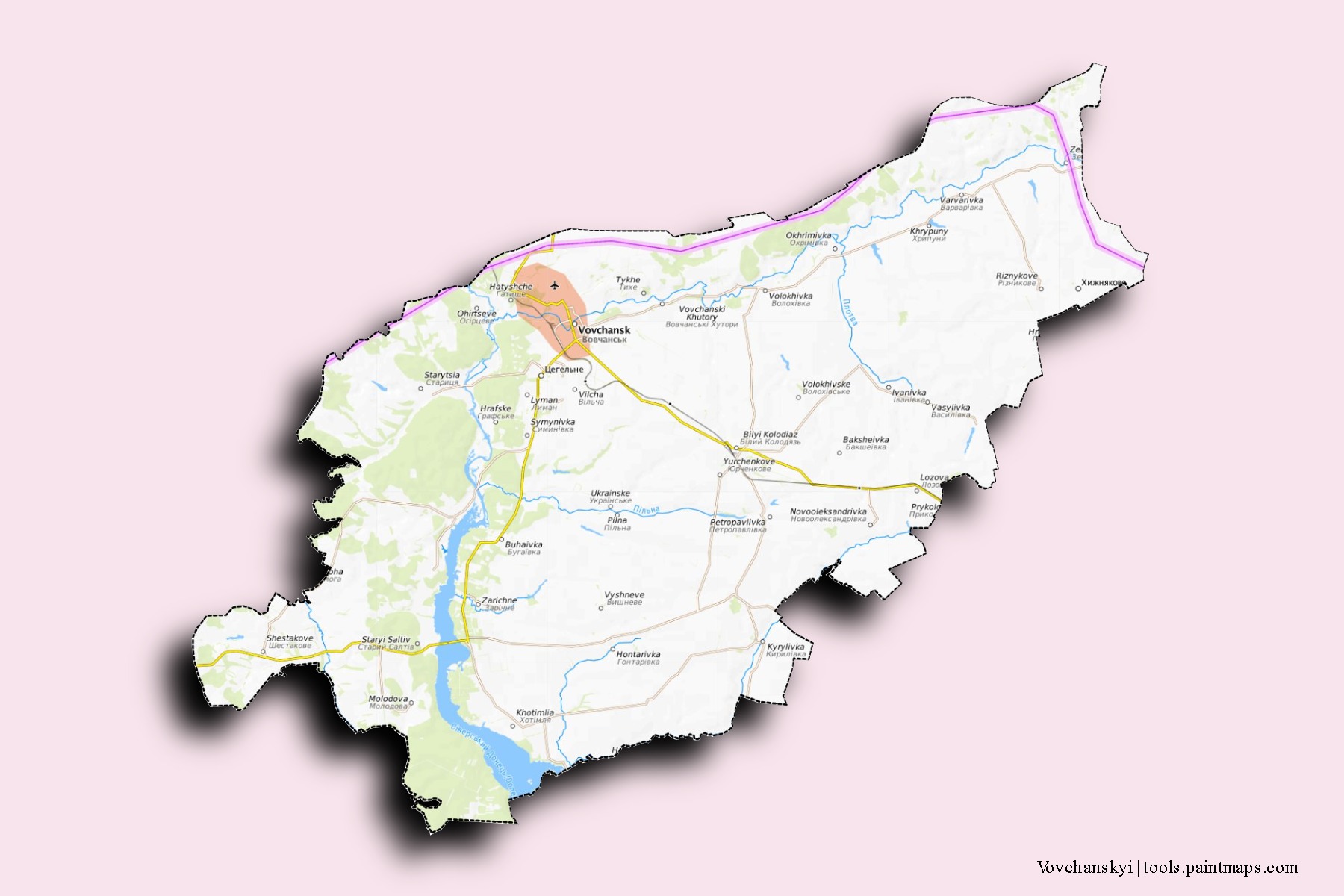 Mapa de barrios y pueblos de Vovchanskyi con efecto de sombra 3D