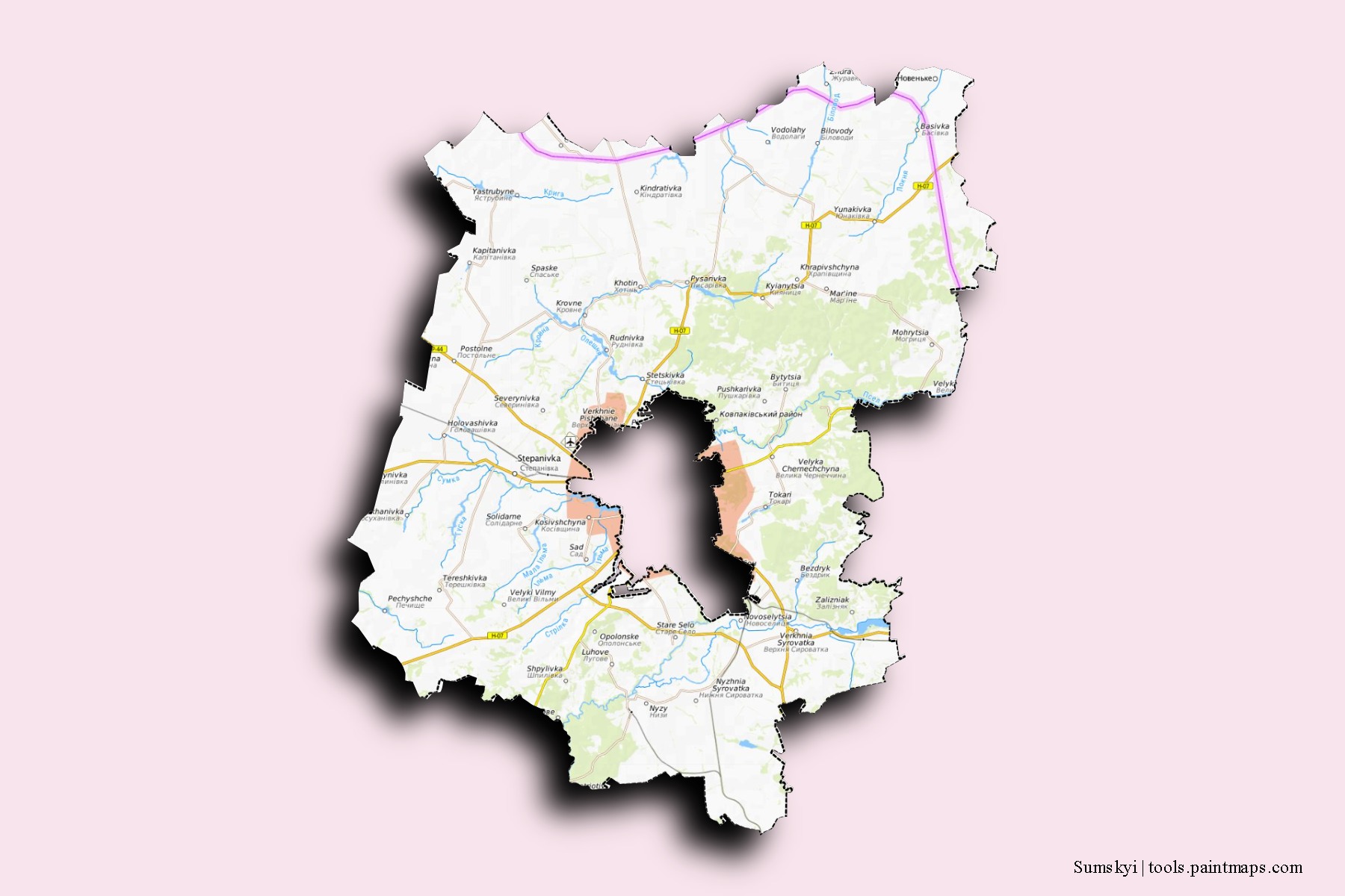 Mapa de barrios y pueblos de Sumskyi con efecto de sombra 3D