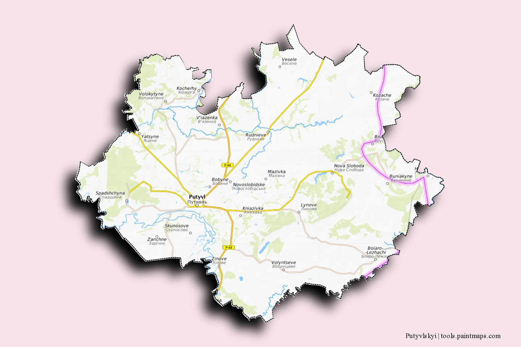 Mapa de barrios y pueblos de Putyvlskyi con efecto de sombra 3D