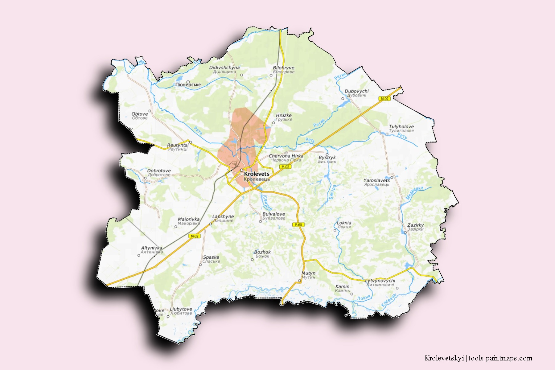 Krolevets'kyi neighborhoods and villages map with 3D shadow effect