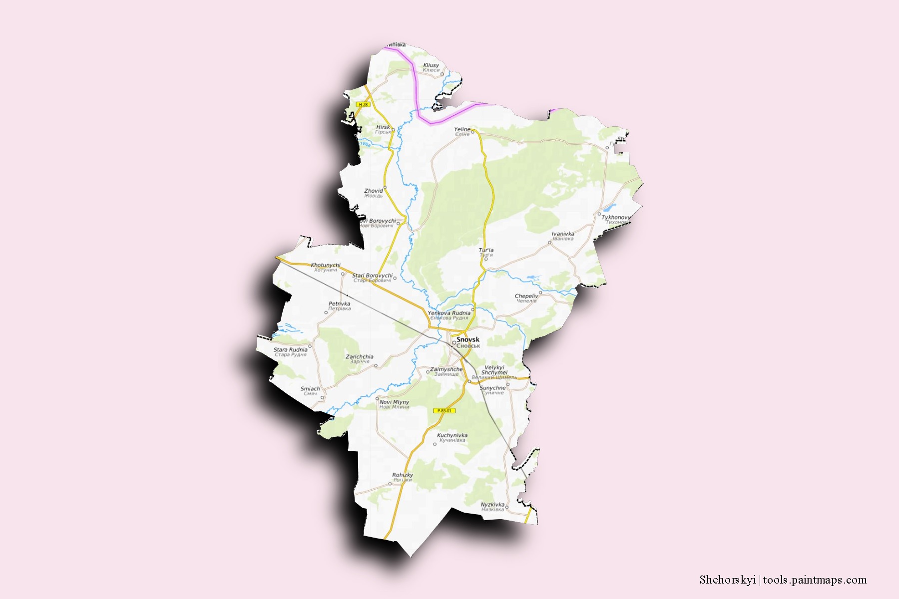 Schors'kyi neighborhoods and villages map with 3D shadow effect