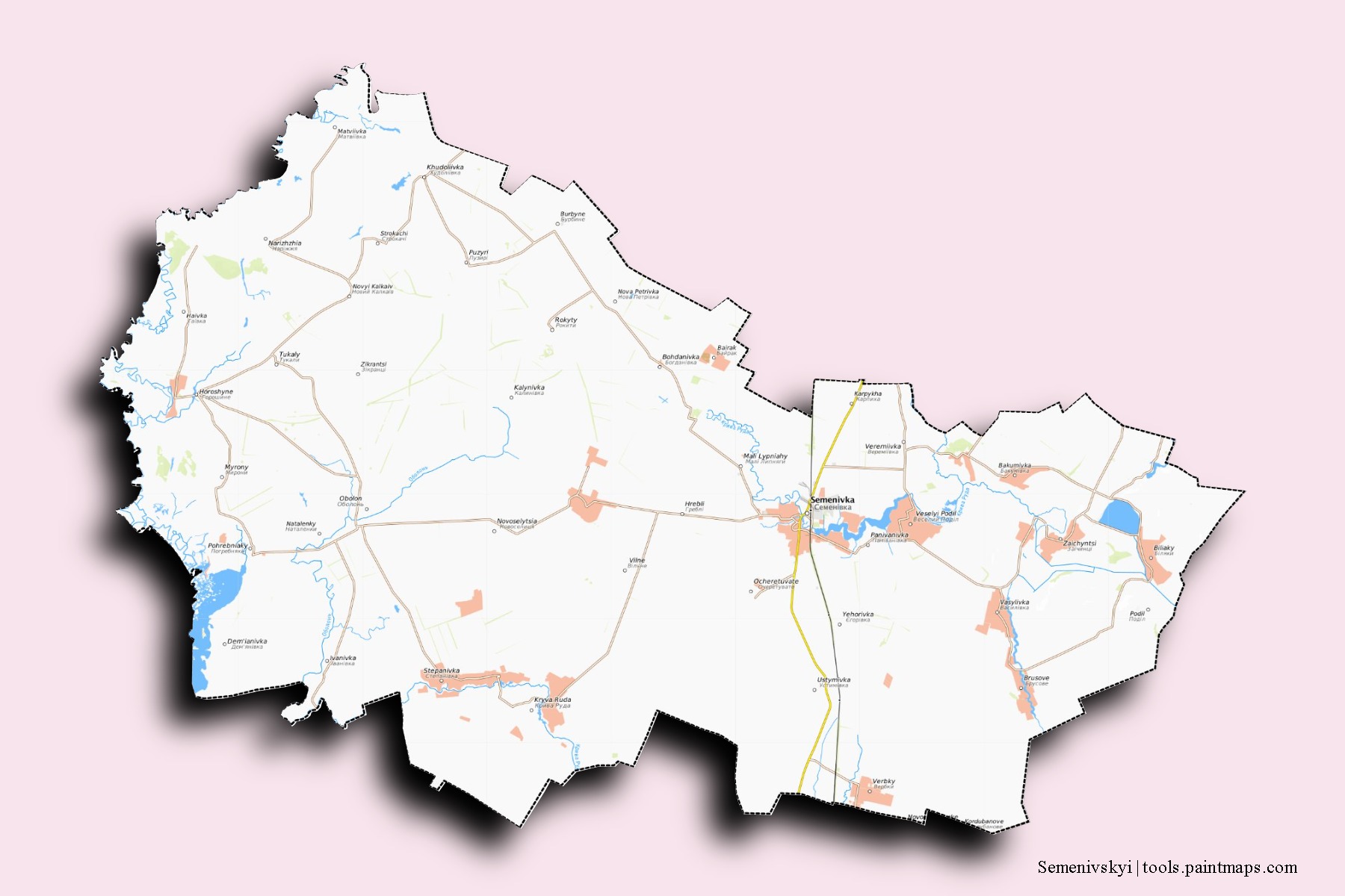 Semenivs'kyi neighborhoods and villages map with 3D shadow effect