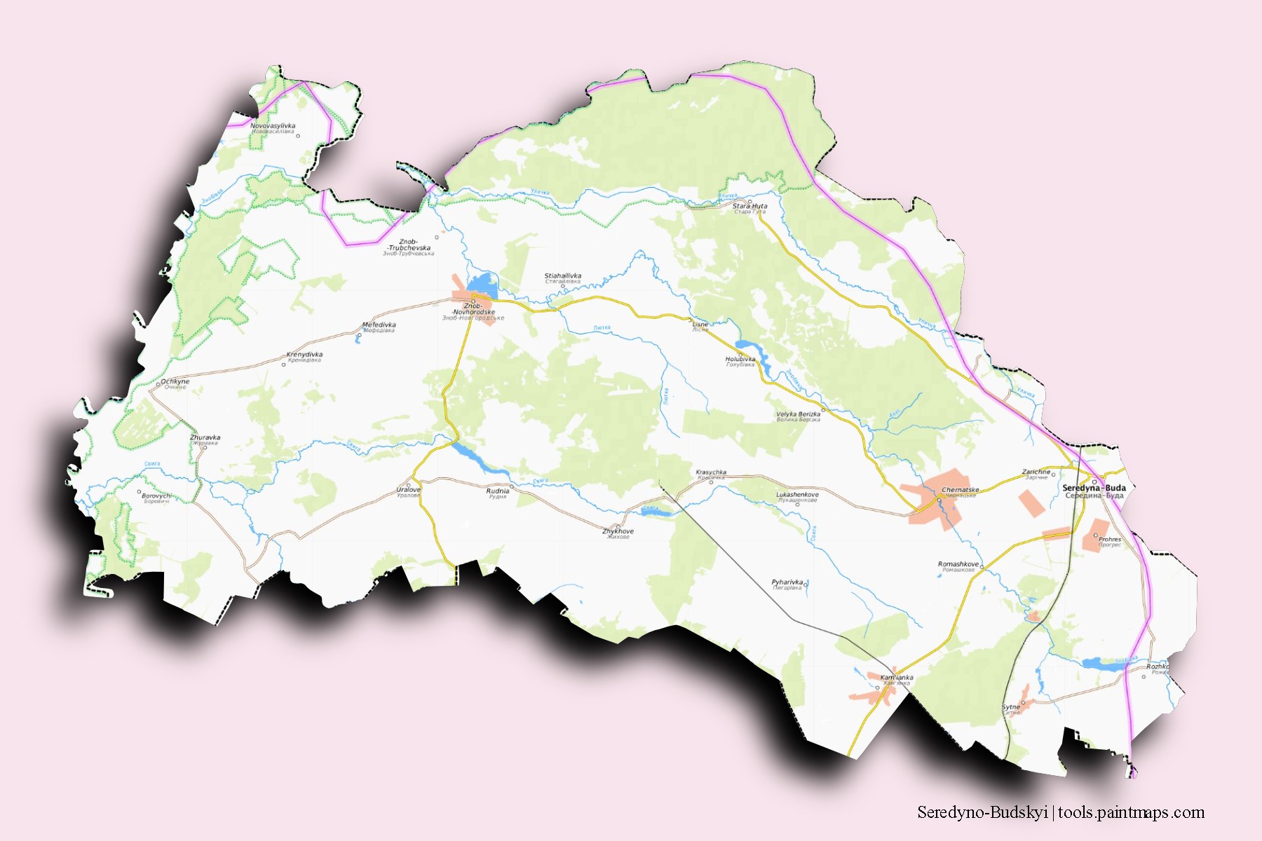 Seredyno-Buds'kyi neighborhoods and villages map with 3D shadow effect