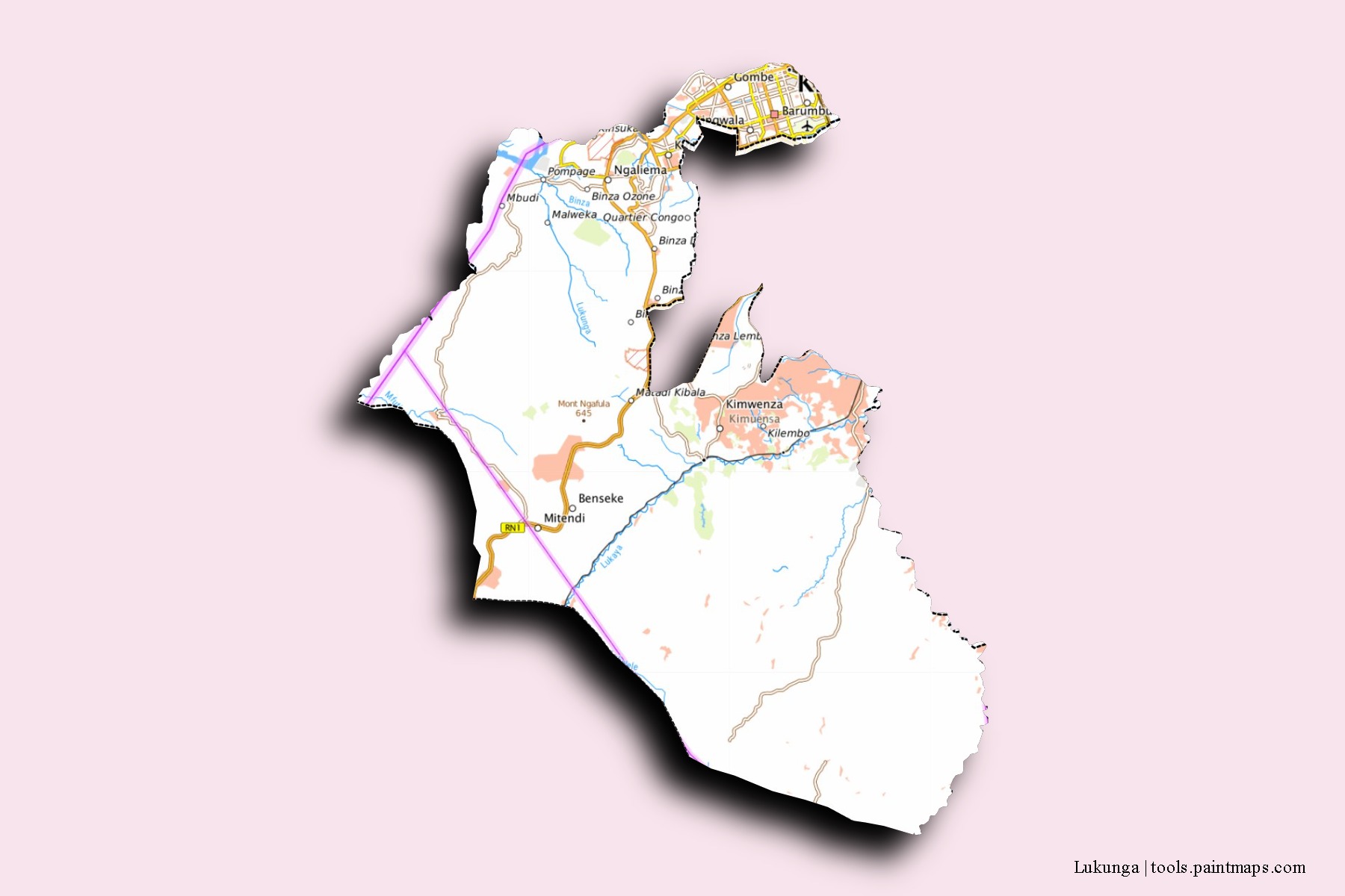 Mapa de barrios y pueblos de Lukunga con efecto de sombra 3D