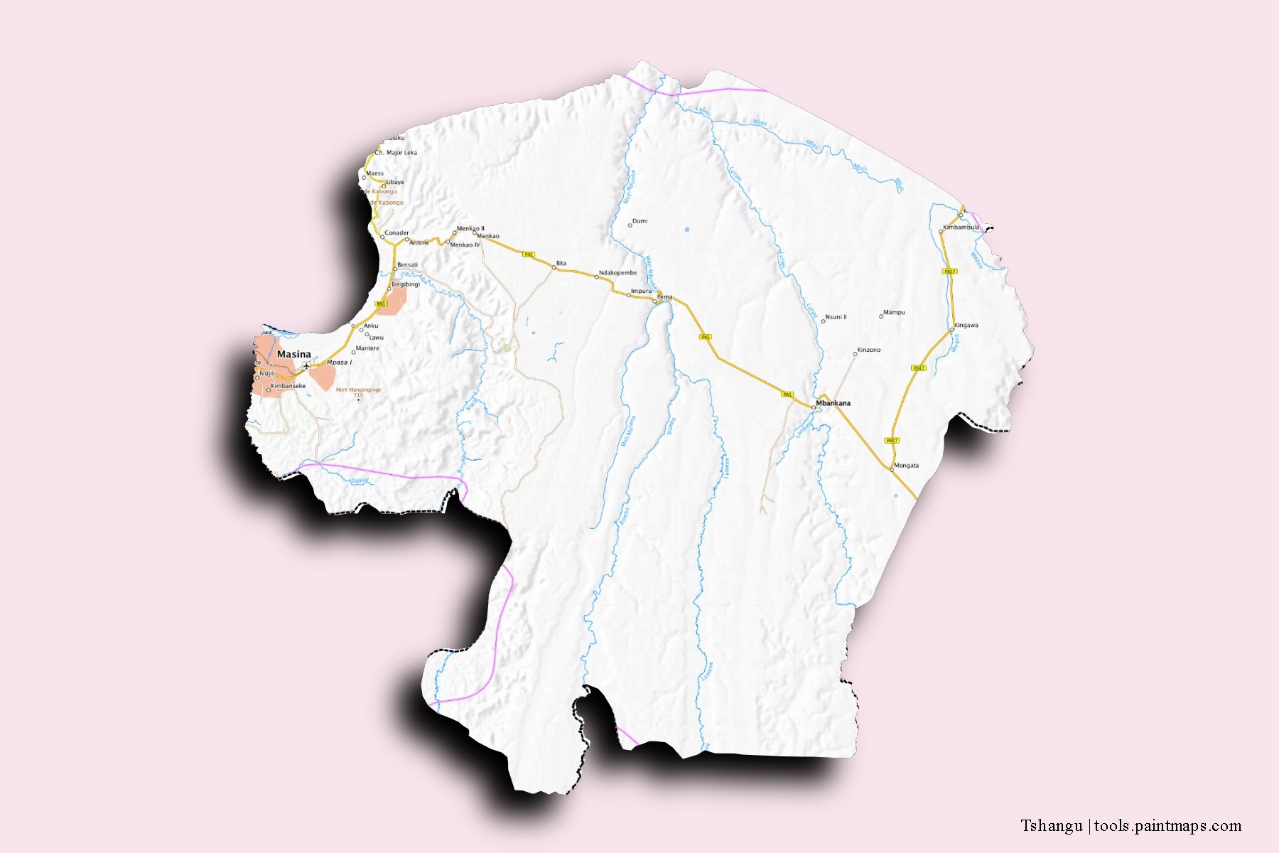 Tshangu neighborhoods and villages map with 3D shadow effect