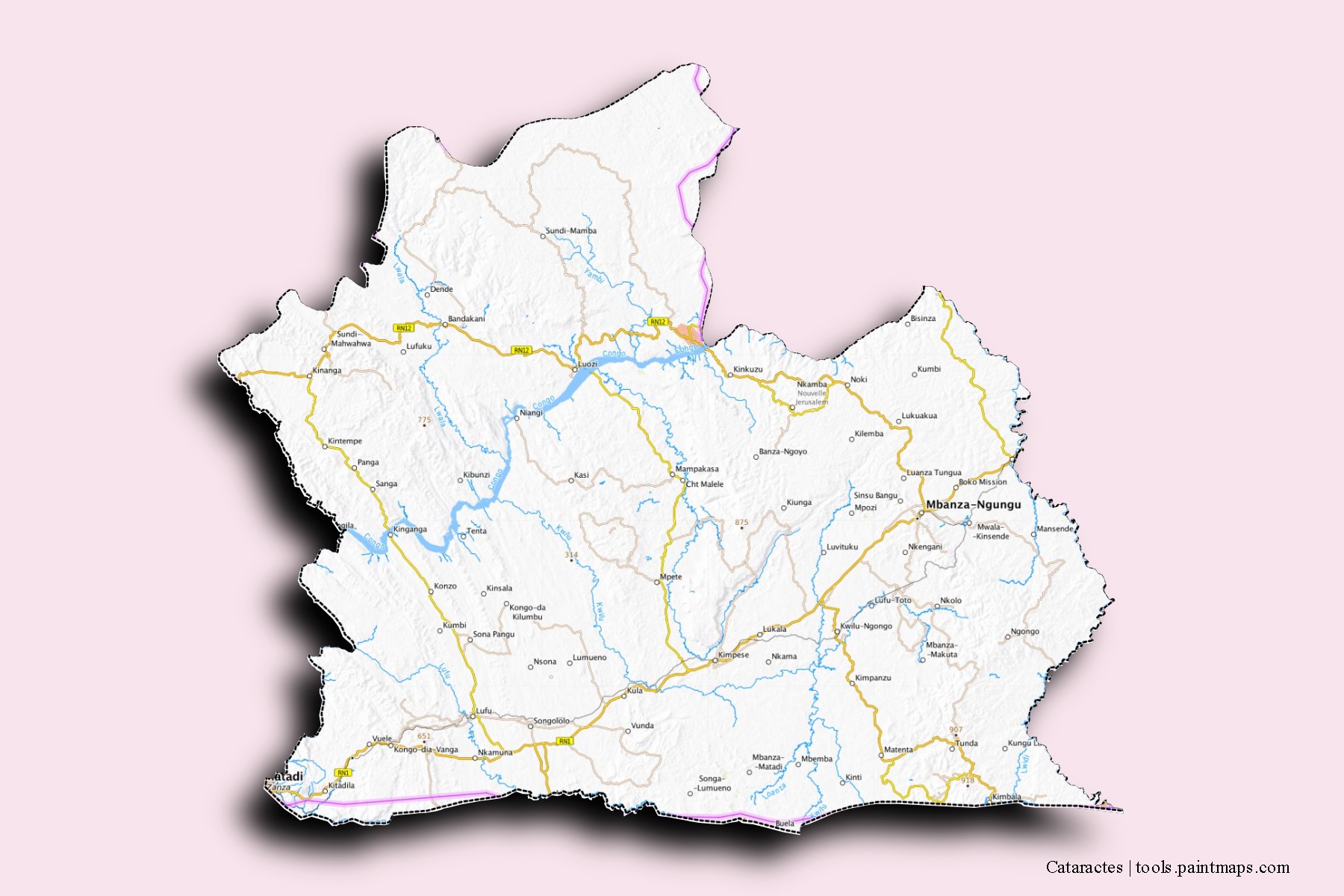 Mapa de barrios y pueblos de Cataractes con efecto de sombra 3D