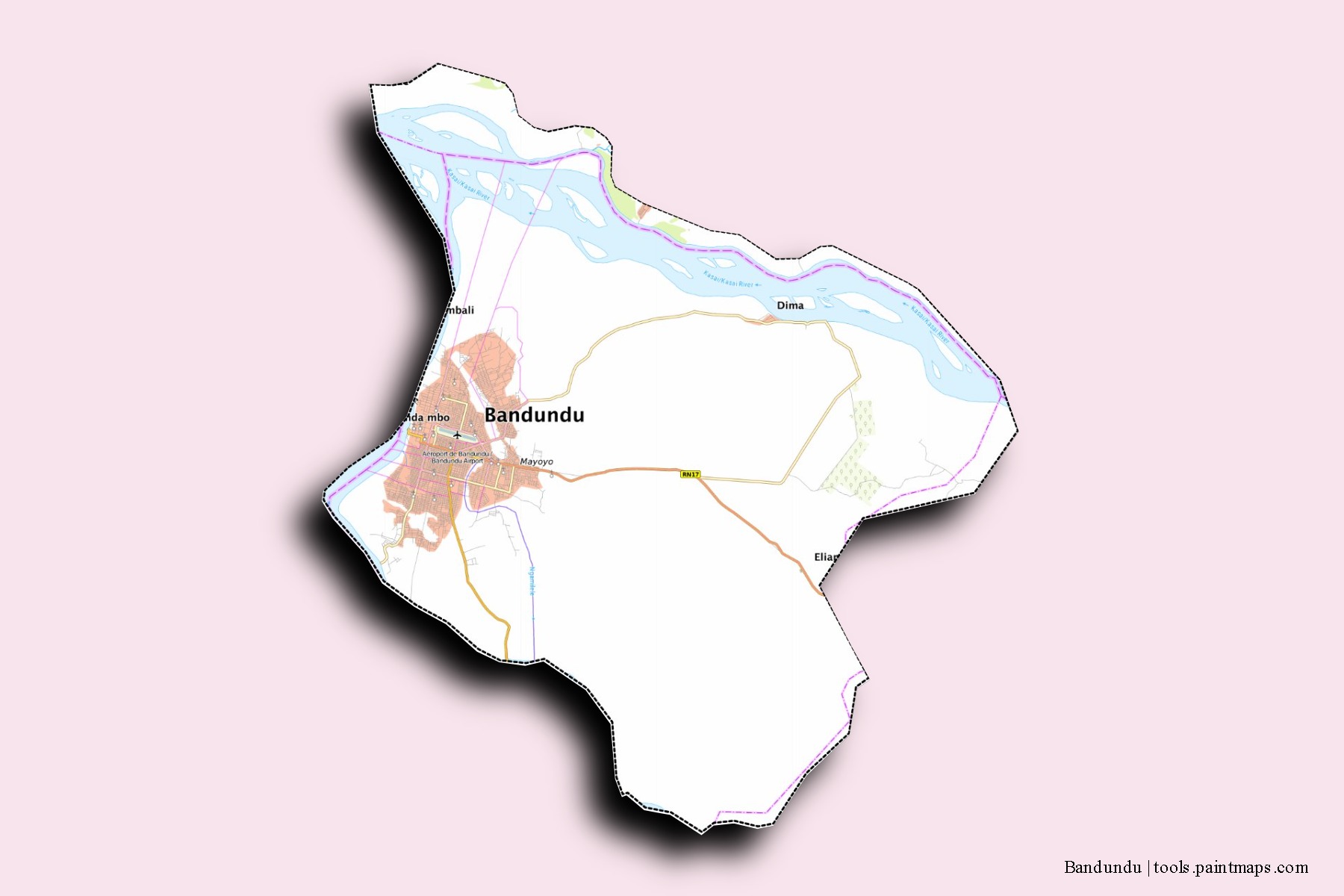 Bandundu neighborhoods and villages map with 3D shadow effect