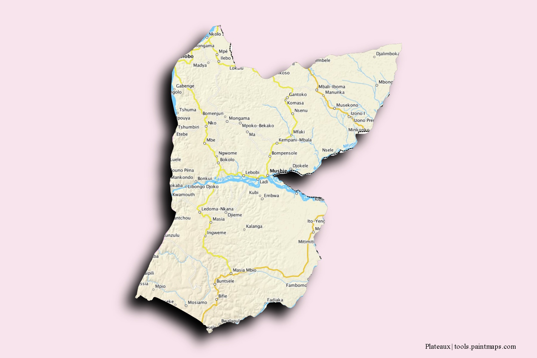 Mapa de barrios y pueblos de Plateaux con efecto de sombra 3D