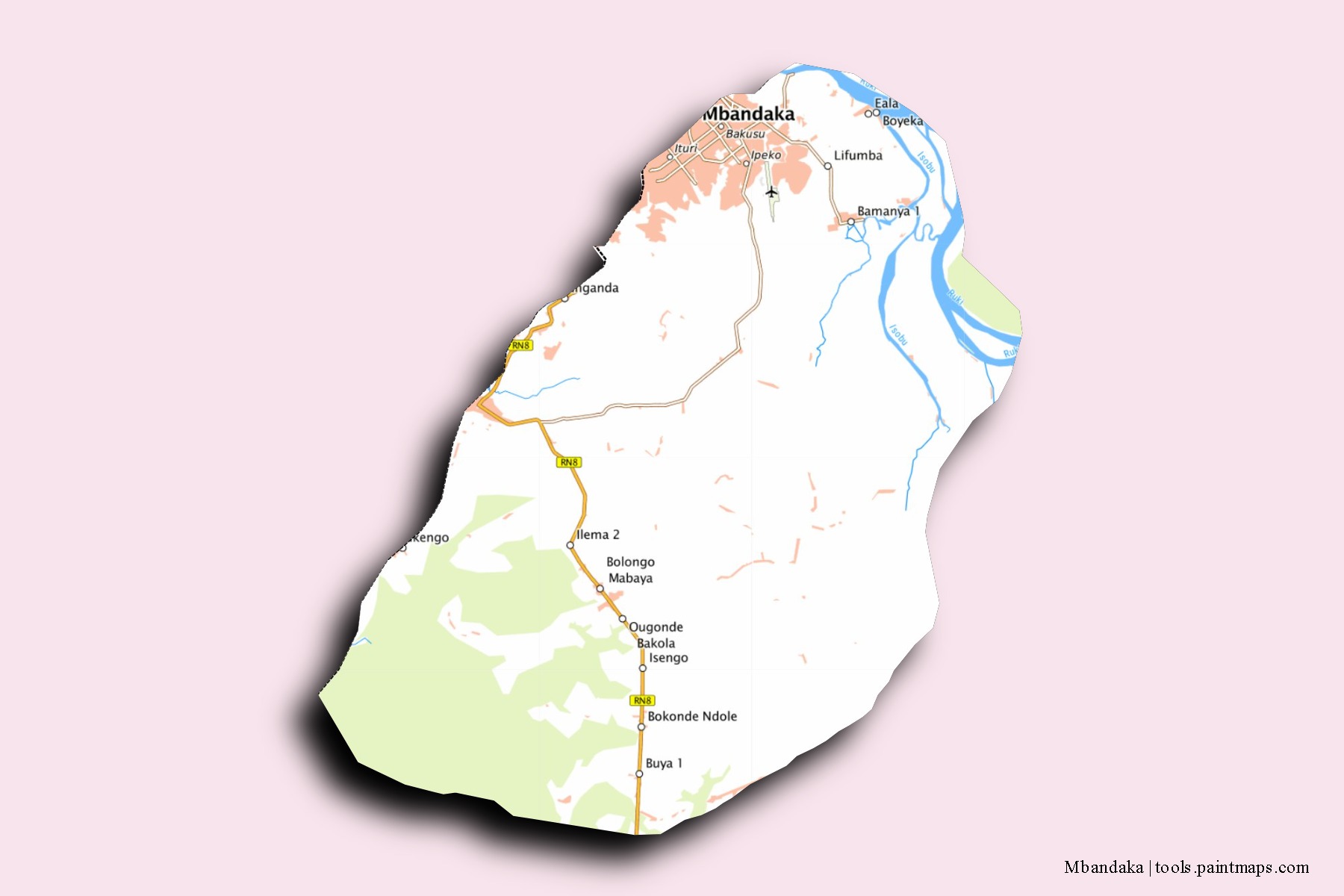 Mbandaka neighborhoods and villages map with 3D shadow effect