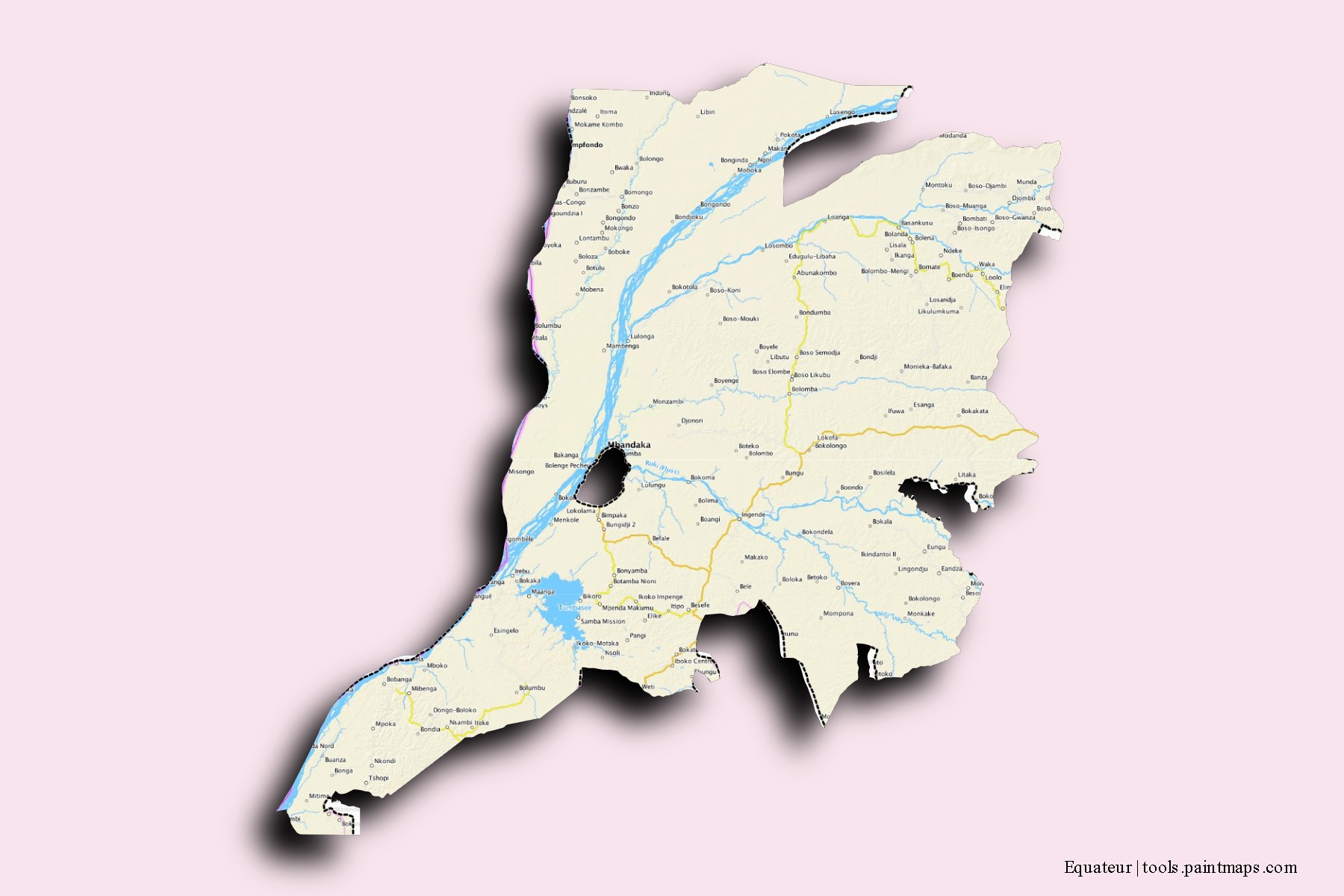 Mapa de barrios y pueblos de Equateur con efecto de sombra 3D