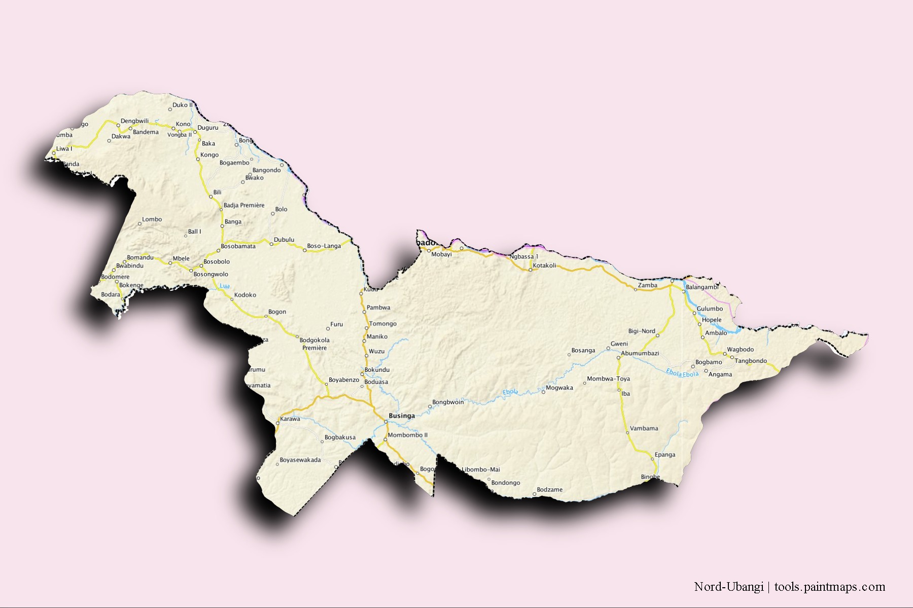 Nord-Ubangi neighborhoods and villages map with 3D shadow effect