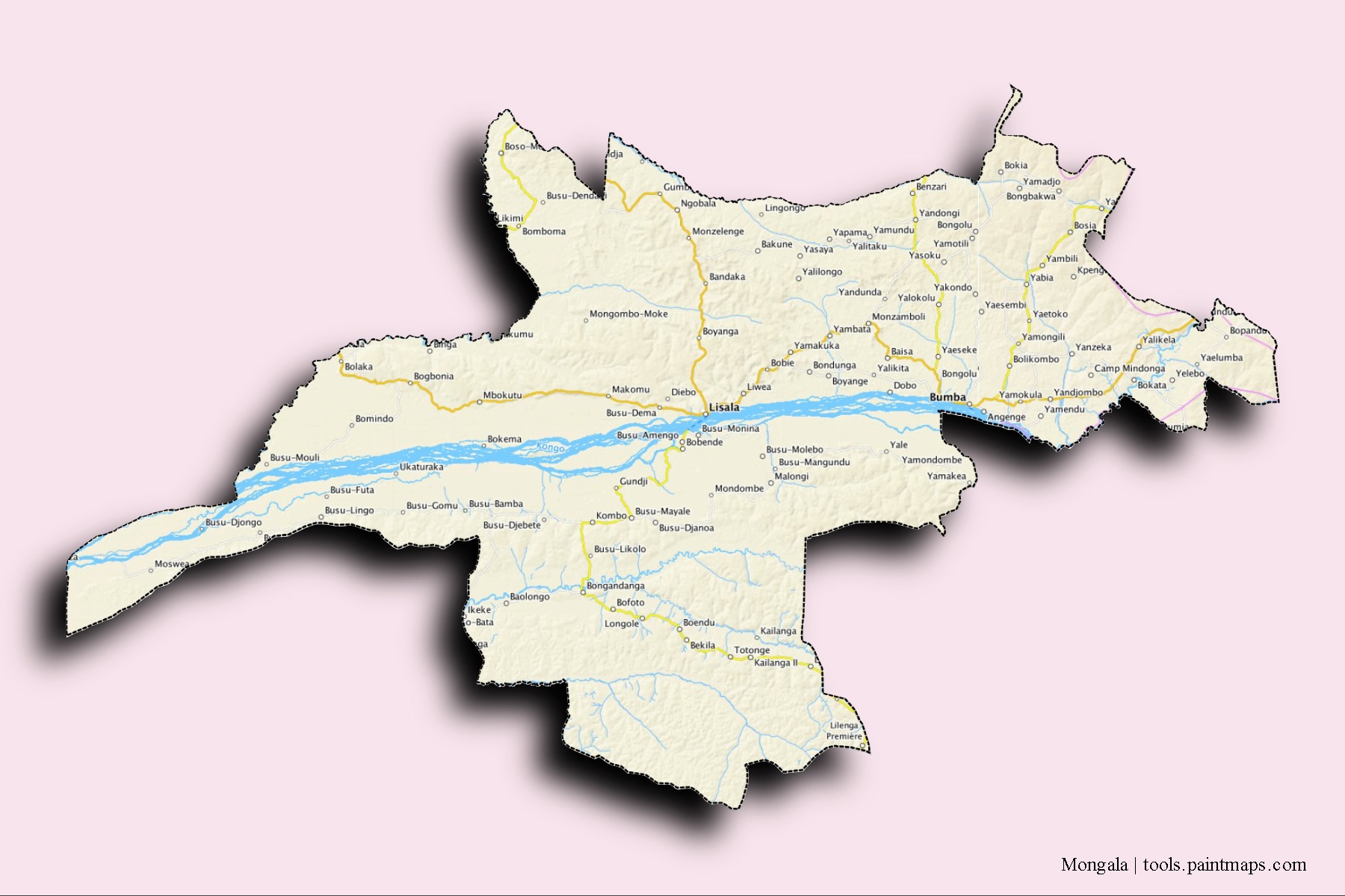 Mongala neighborhoods and villages map with 3D shadow effect