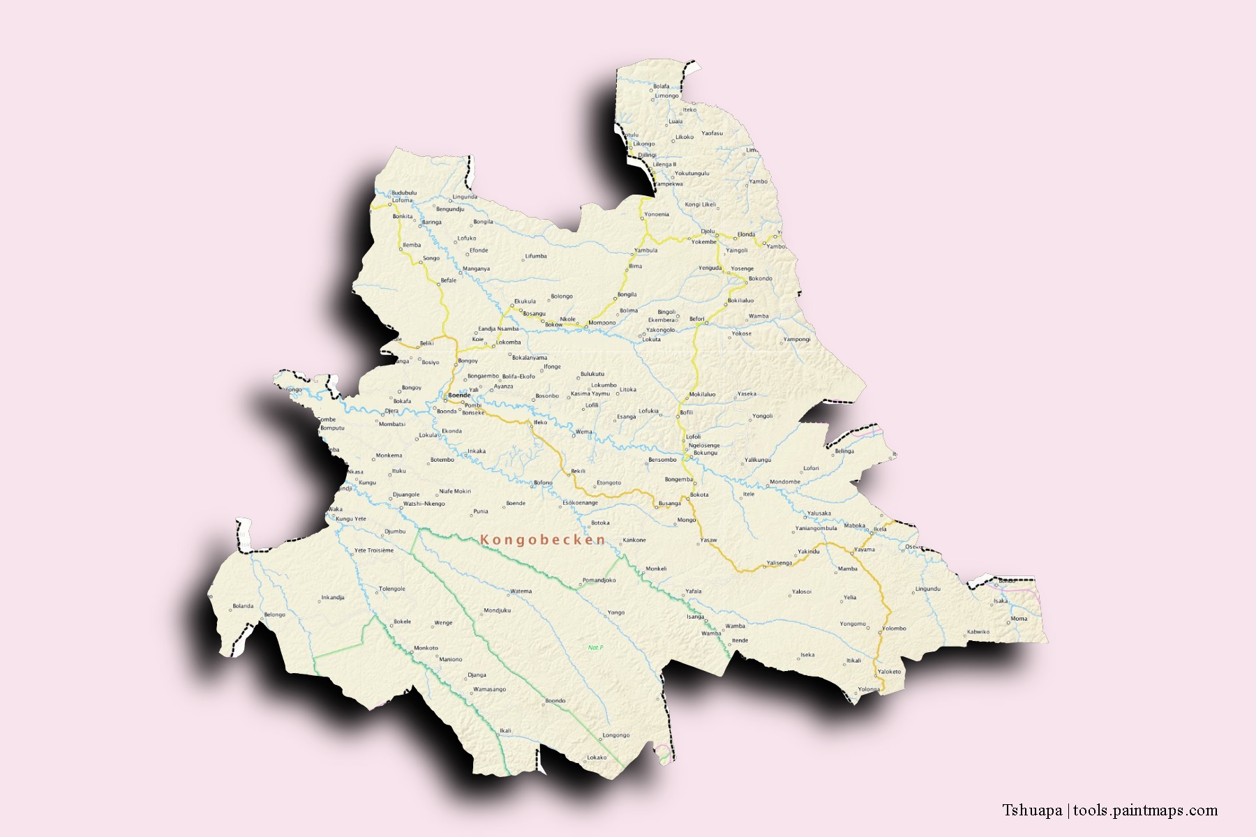 Tshuapa neighborhoods and villages map with 3D shadow effect