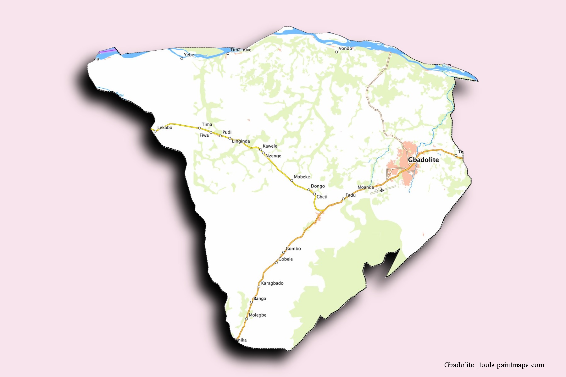 Nord-Ubangi neighborhoods and villages map with 3D shadow effect