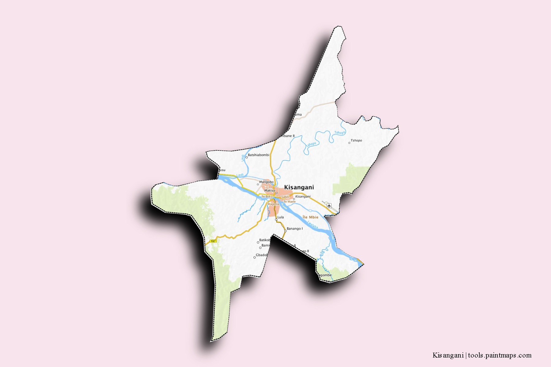 Mapa de barrios y pueblos de Kisangani con efecto de sombra 3D