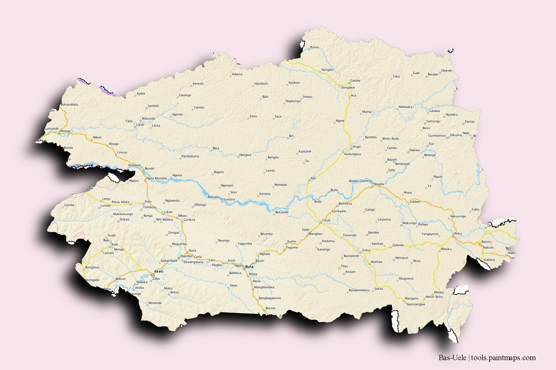 Mapa de barrios y pueblos de Bas-Uele con efecto de sombra 3D