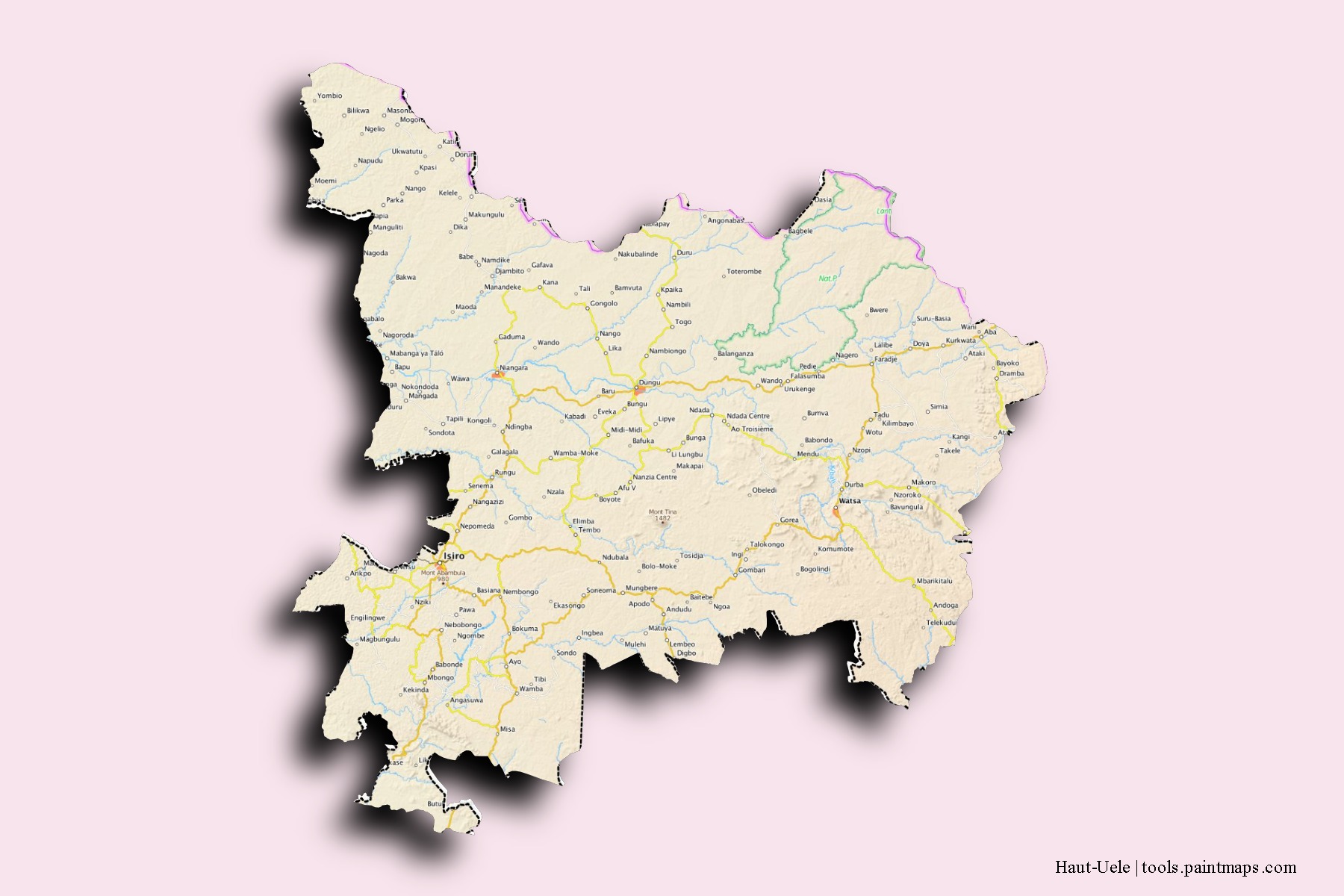 Haut-Uele neighborhoods and villages map with 3D shadow effect