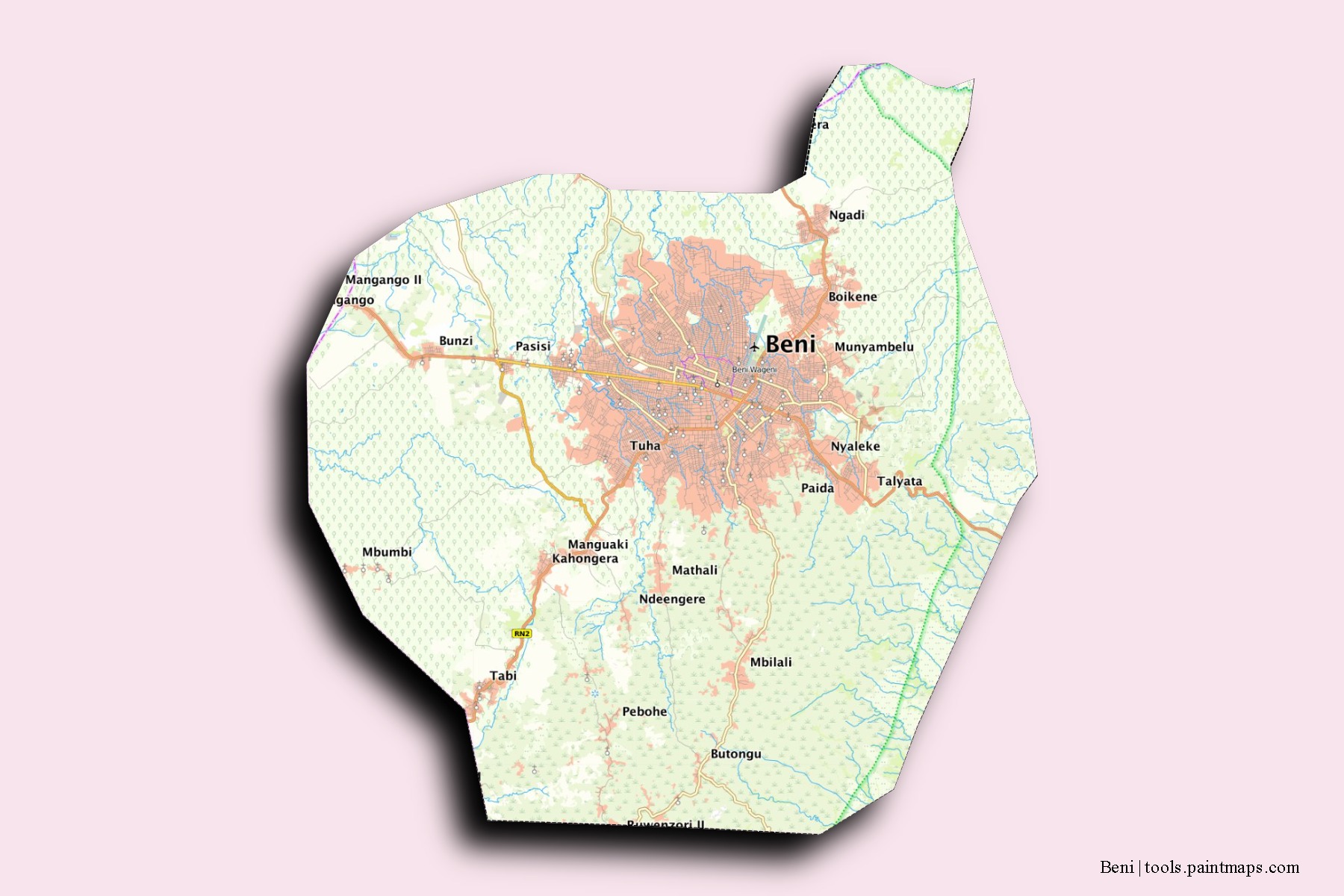 Mapa de barrios y pueblos de Beni con efecto de sombra 3D