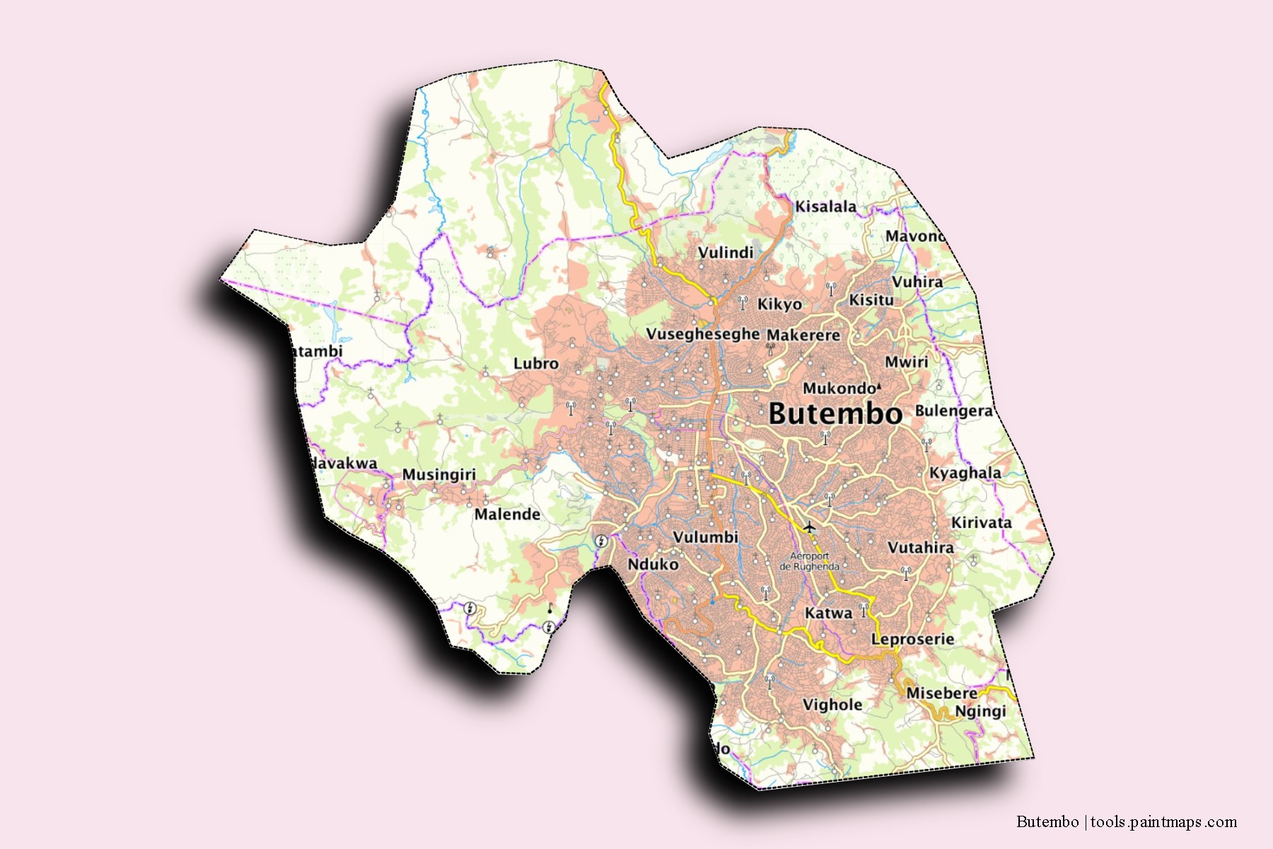 Butembo neighborhoods and villages map with 3D shadow effect