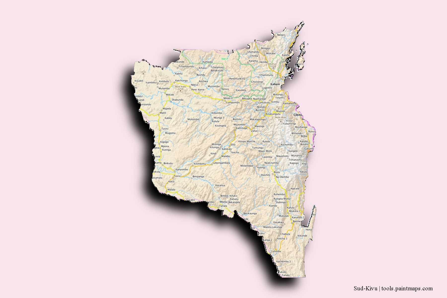 Mapa de barrios y pueblos de Sud-Kivu con efecto de sombra 3D